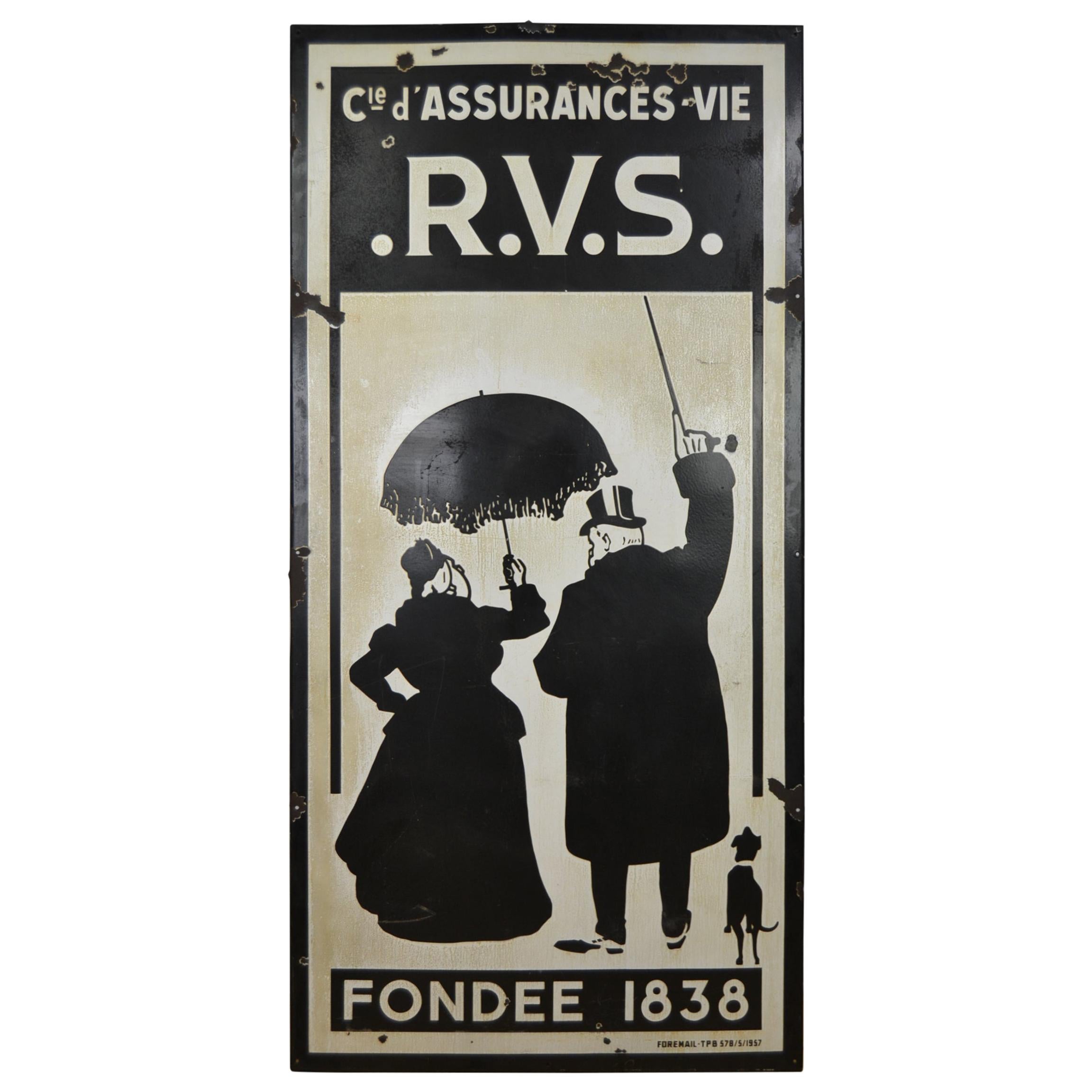 Large R.V.S. Insurance Porcelain Sign, Black and White, 1957