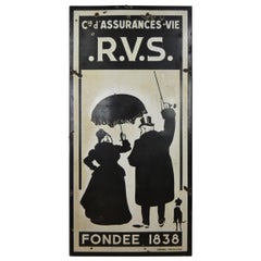 Vintage Large R.V.S. Insurance Porcelain Sign, Black and White, 1957