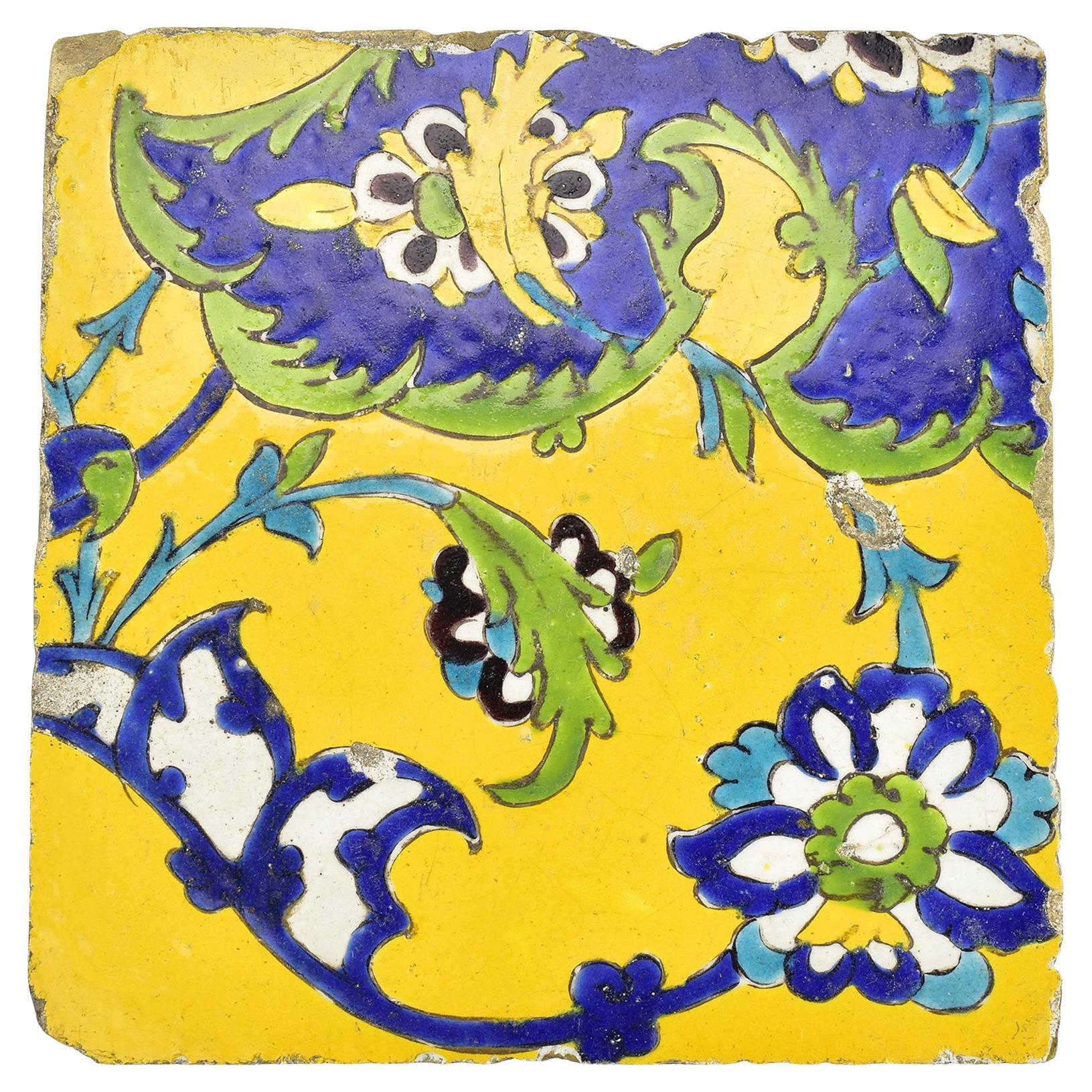 Large Safavid 17th C. Cuerda Seca Pottery Tile from Isfahan Floral Arabesques