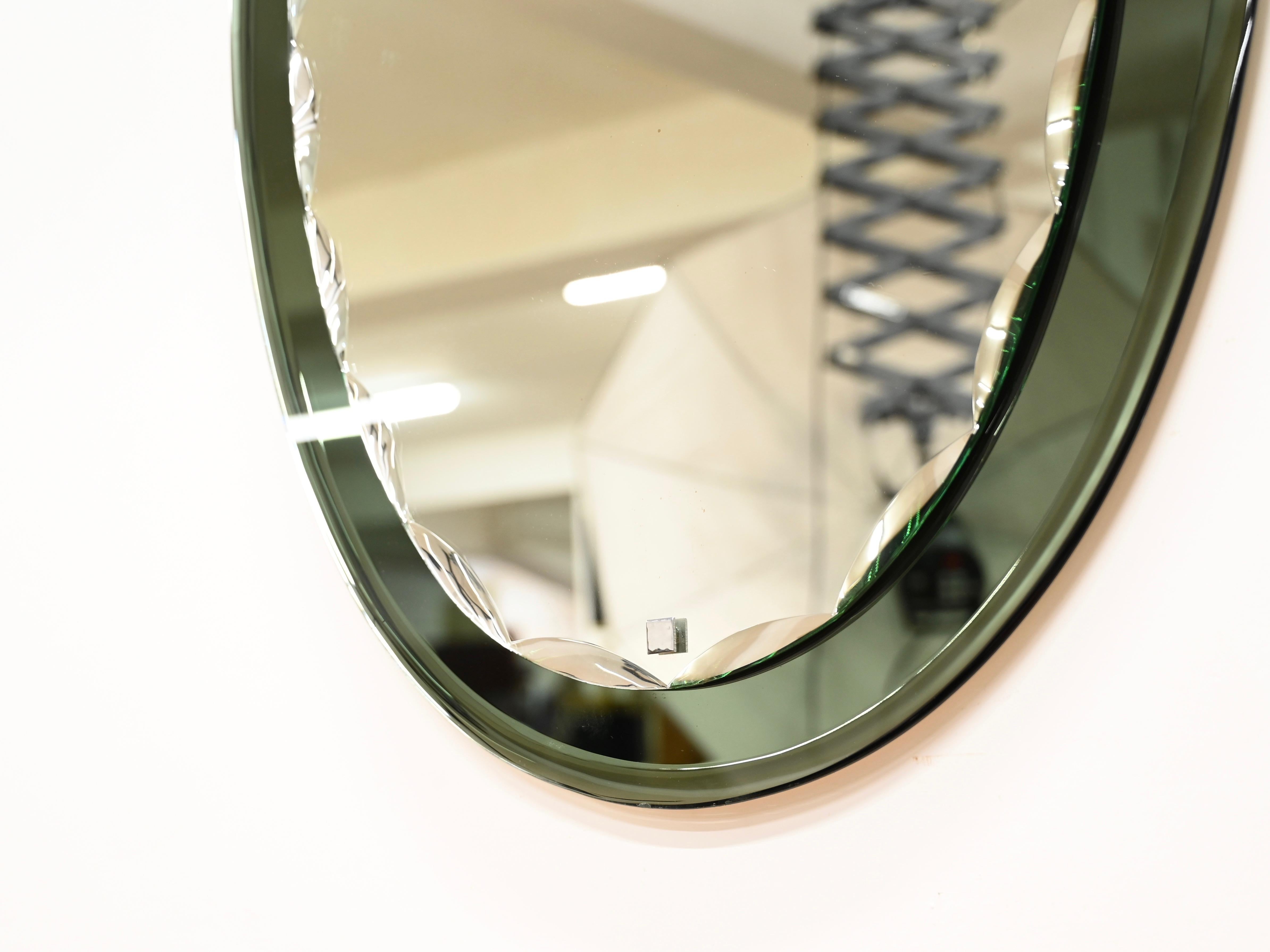 Mid-Century Modern Large Sage Green Oval Double Beveled Mirror by Cristal Luxor, Italy 1960s