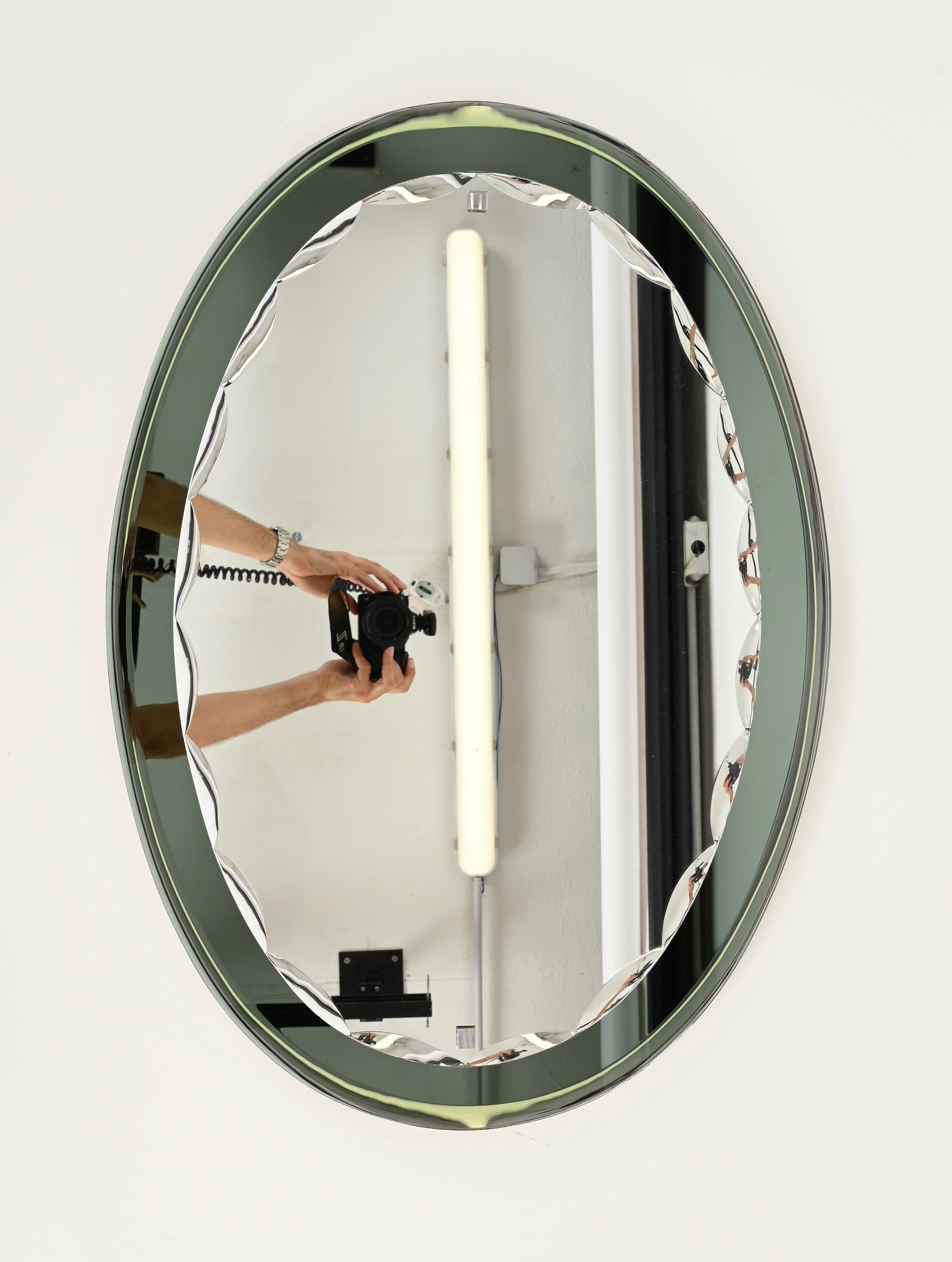 Italian Large Sage Green Oval Double Beveled Mirror by Cristal Luxor, Italy 1960s
