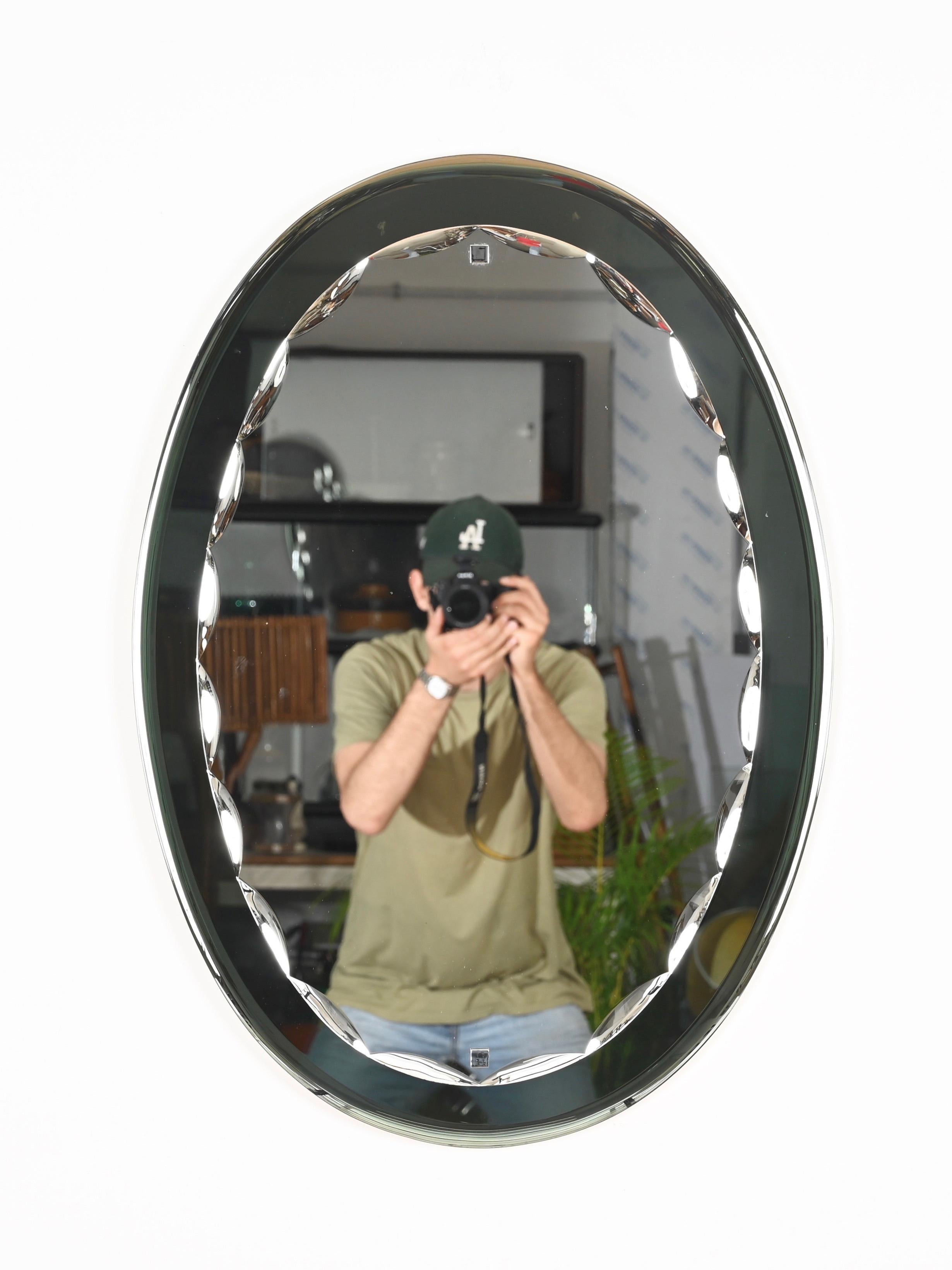 Mid-20th Century Large Sage Green Oval Double Beveled Mirror by Cristal Luxor, Italy 1960s