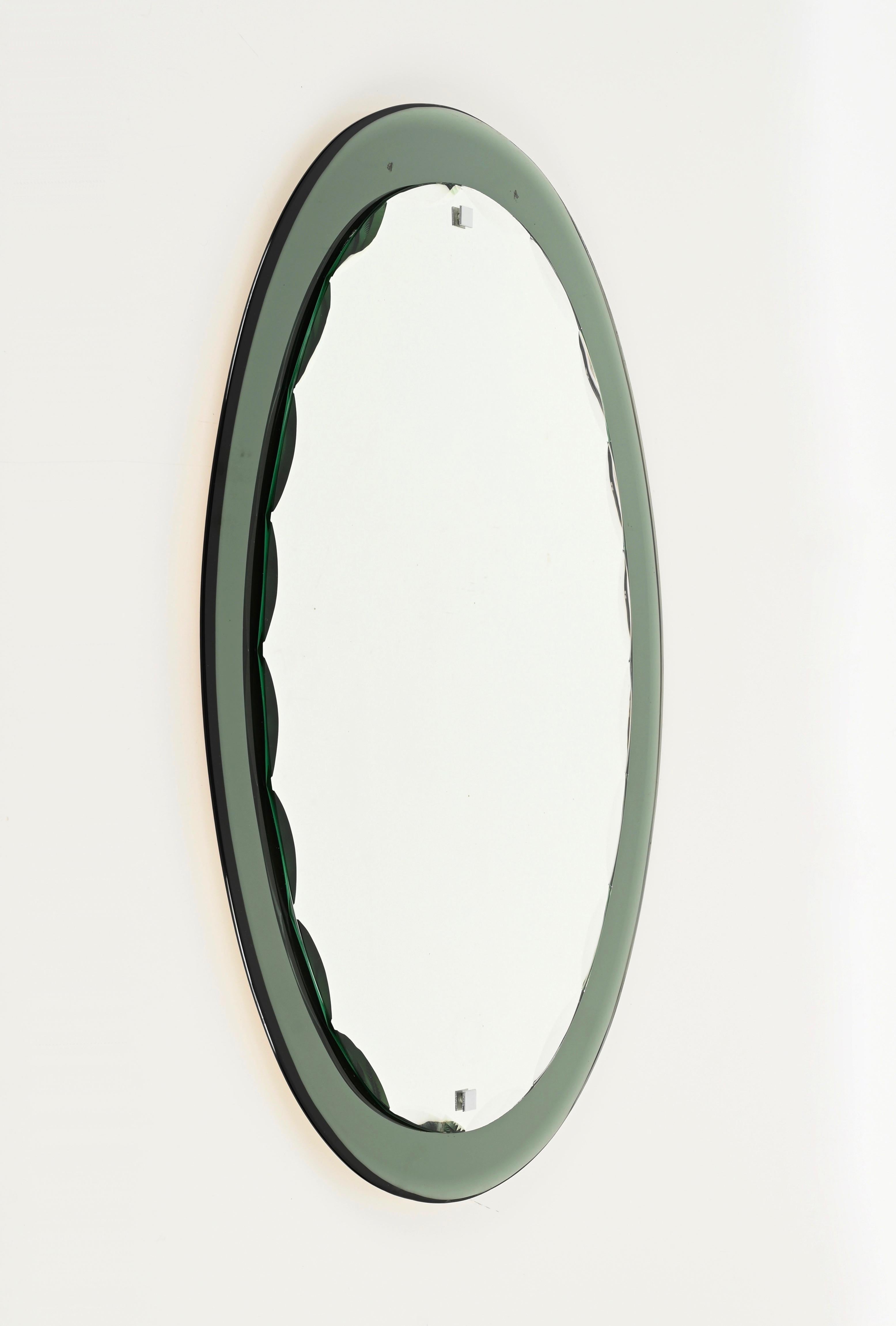 Glass Large Sage Green Oval Double Beveled Mirror by Cristal Luxor, Italy 1960s