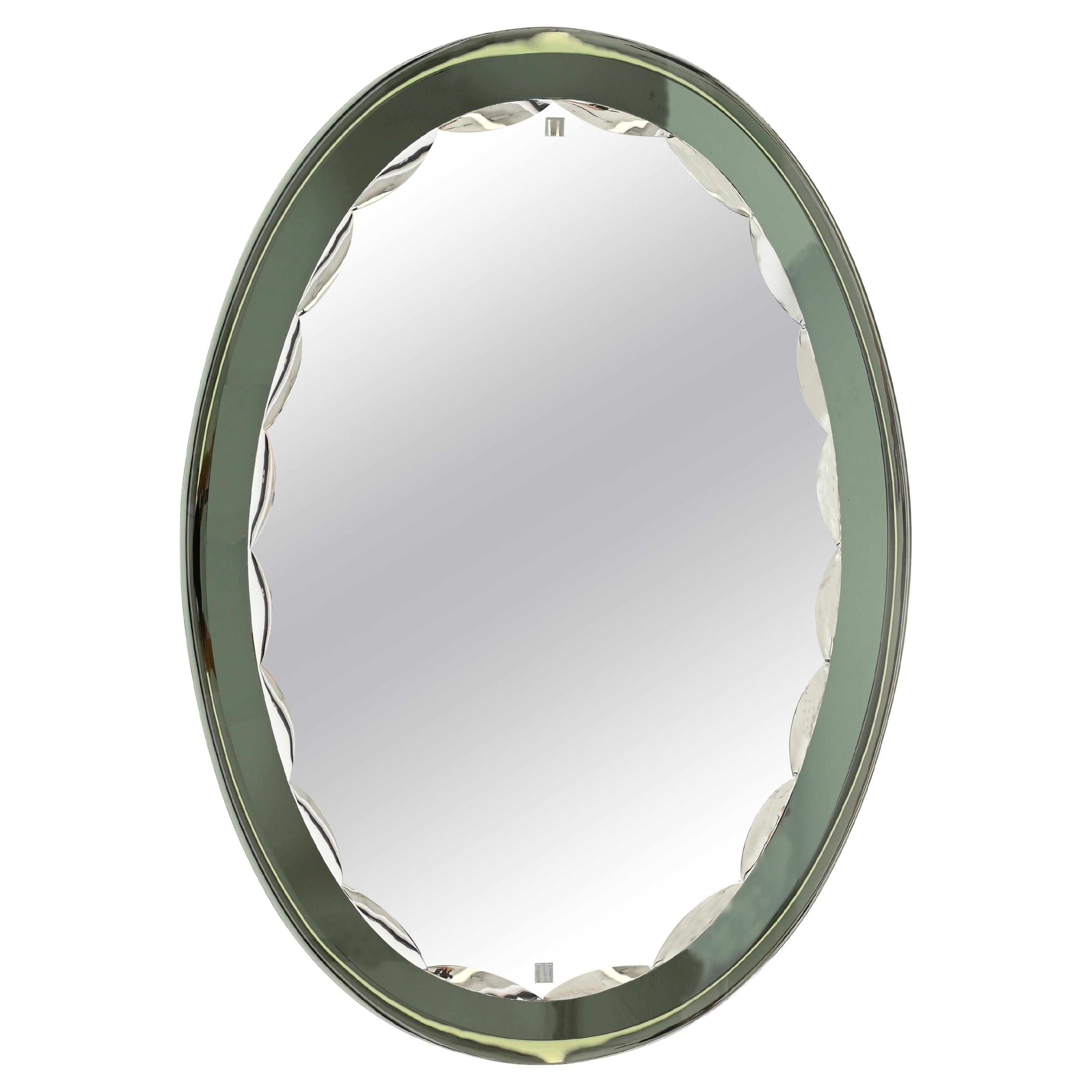 Large Sage Green Oval Double Beveled Mirror by Cristal Luxor, Italy 1960s