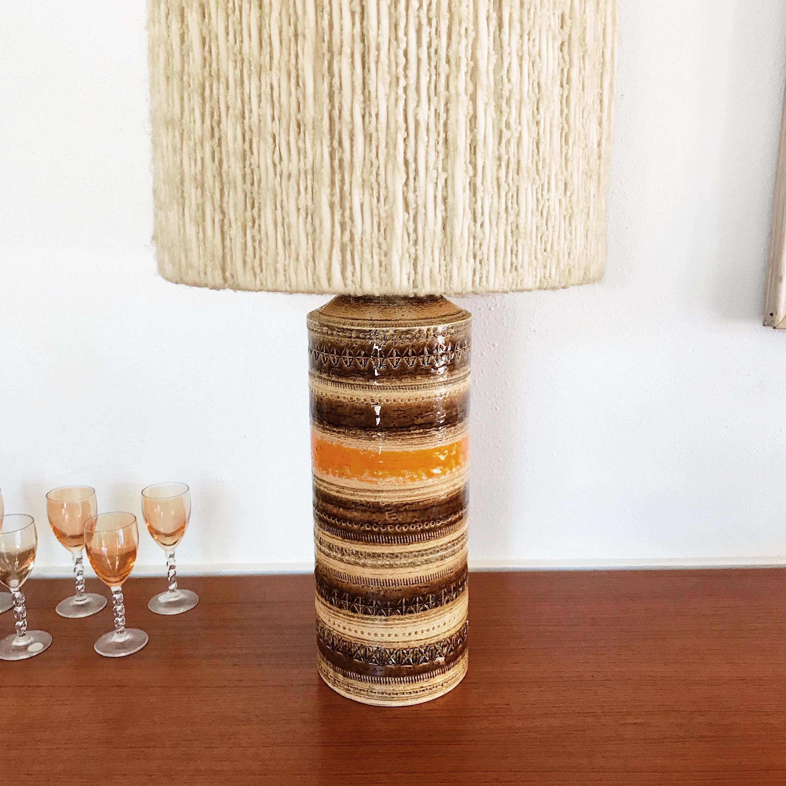 Italian Large Sahara Glaze Bitossi Lamp with Impressed Ramini Decor and Wool Drum Shade For Sale