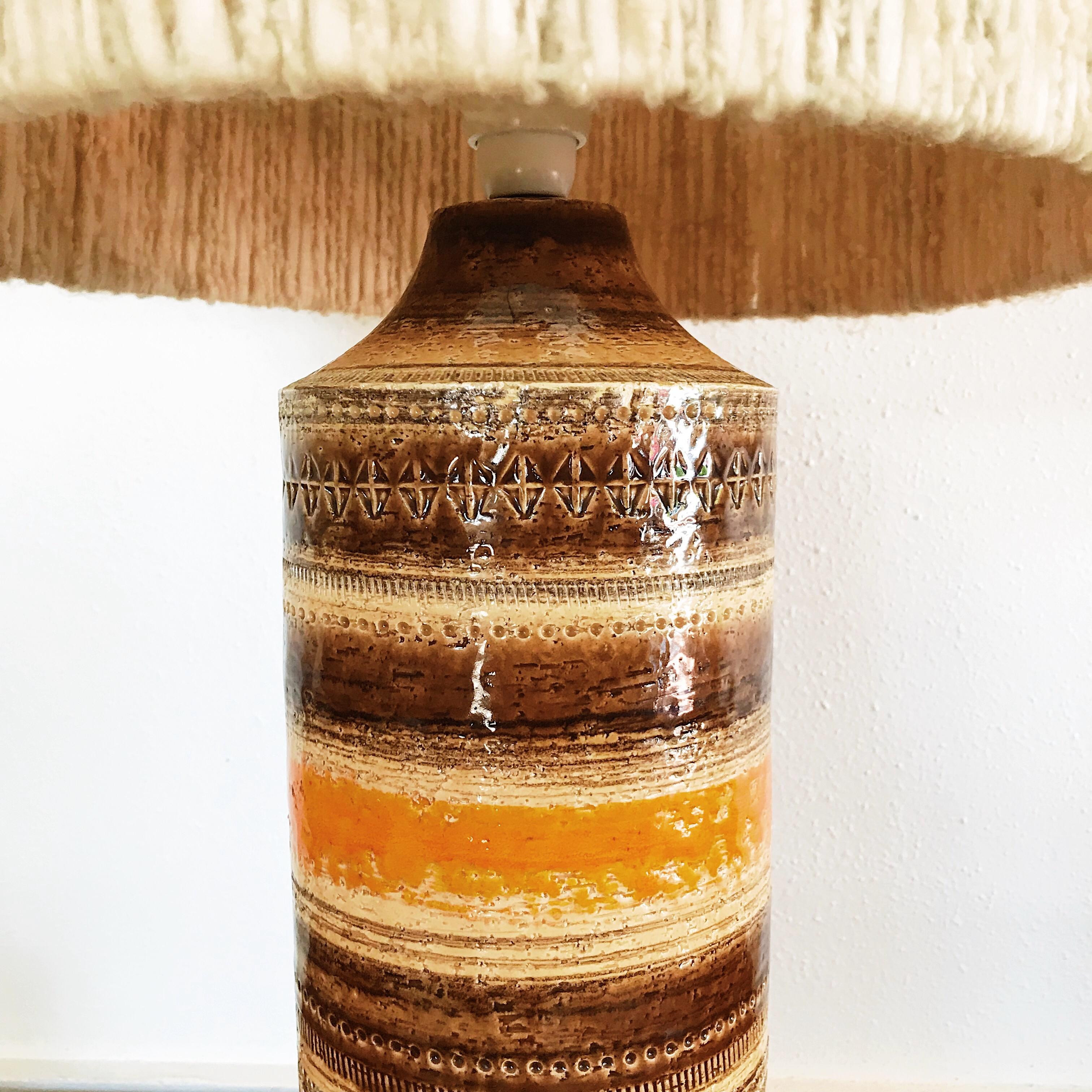 Glazed Large Sahara Glaze Bitossi Lamp with Impressed Ramini Decor and Wool Drum Shade For Sale