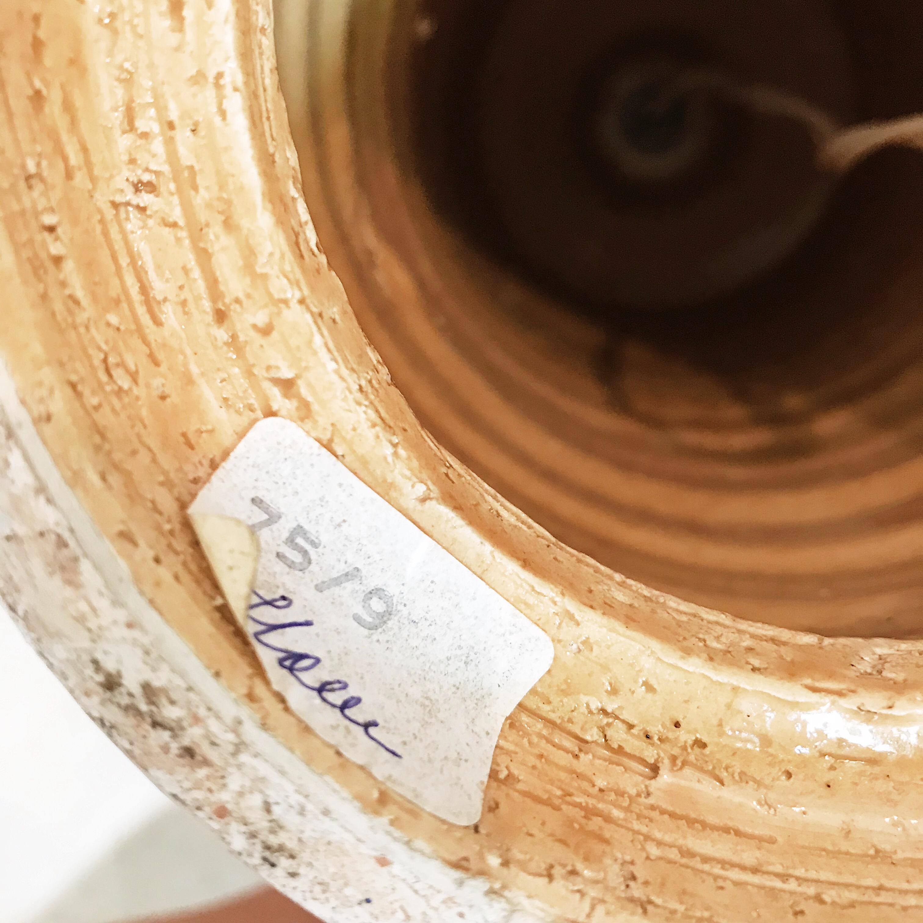 Ceramic Large Sahara Glaze Bitossi Lamp with Impressed Ramini Decor and Wool Drum Shade For Sale