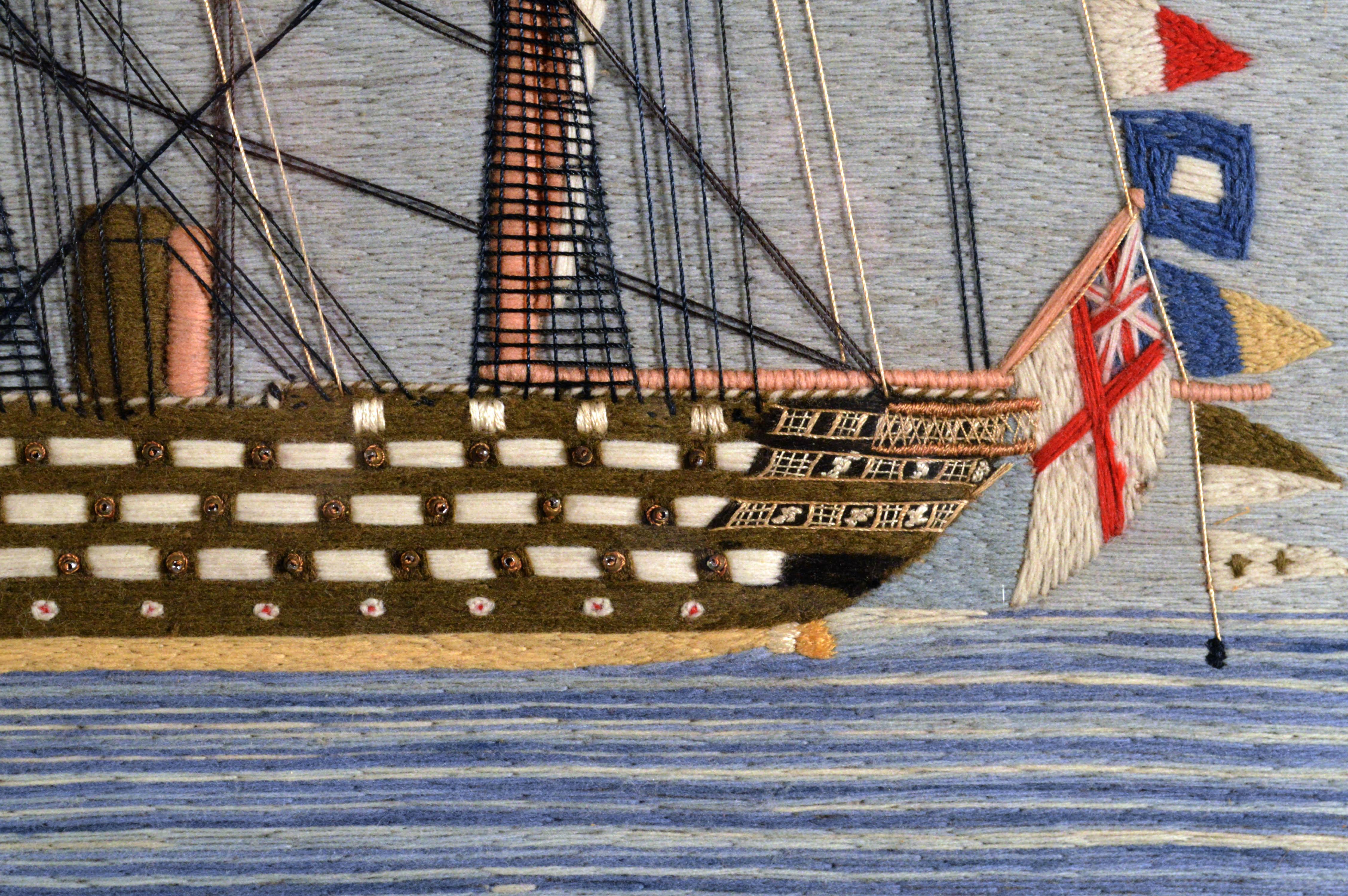 Folk Art Large Sailor's Woolwork of a Fully Dressed Royal Navy Battleship- HMS Victoria.