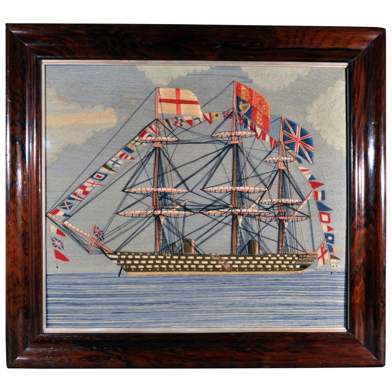 Large Sailor's Woolwork of a Fully Dressed Royal Navy Battleship- HMS Victoria. For Sale