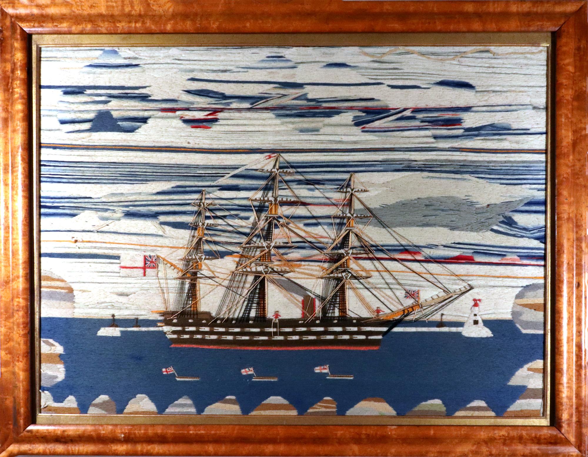 British Sailor's Woolwork of Royal Navy Ship,
Circa 1865

The large sailor's woolwork depicts a British Royal Navy Second Rate Ship anchored in a bay, her sails furled. She flies the White Ensign and a long white banner from her Main mast. The