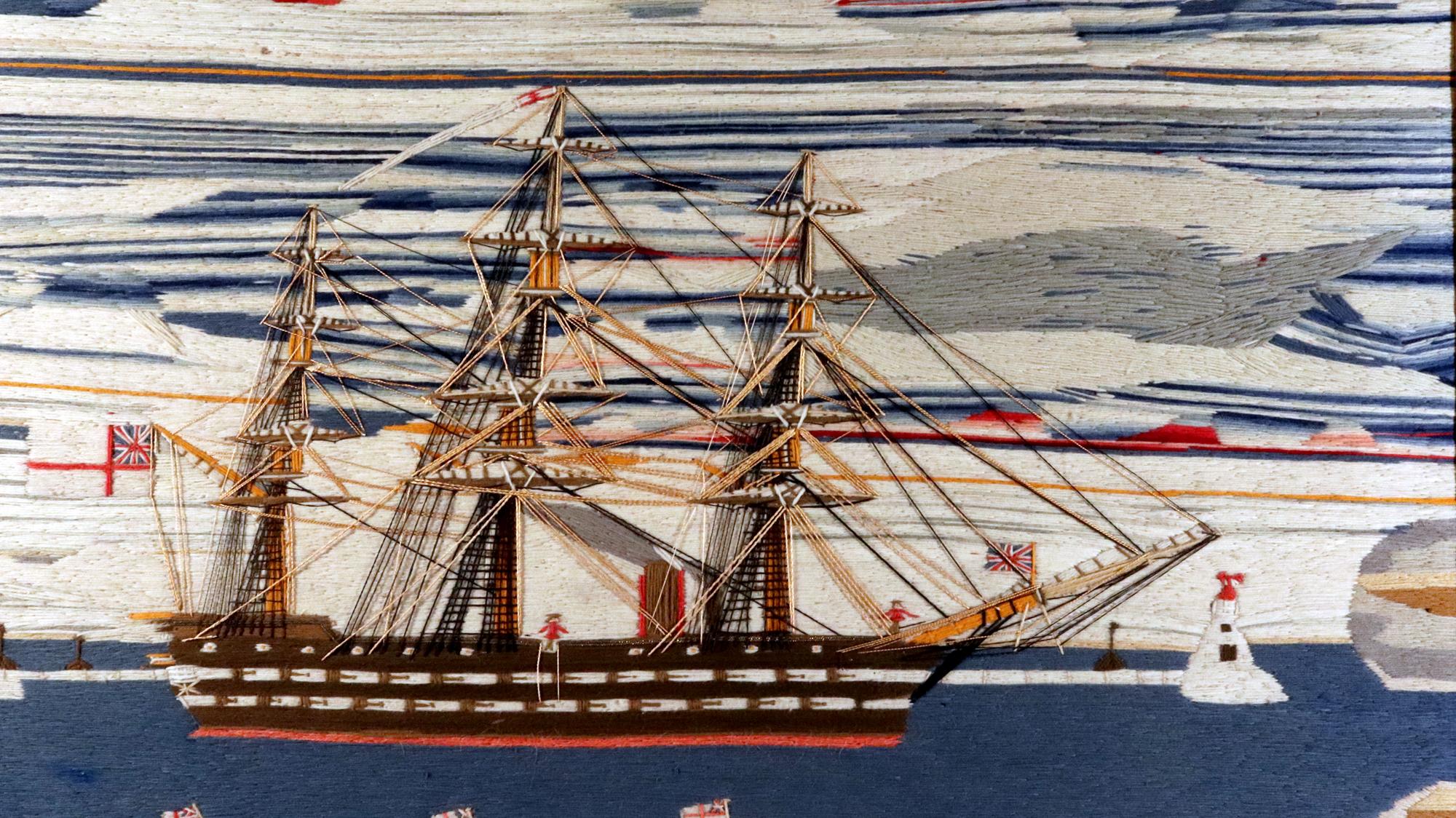 Folk Art Large Sailor's Woolwork of Royal Navy Second Rate Ship in Bay For Sale