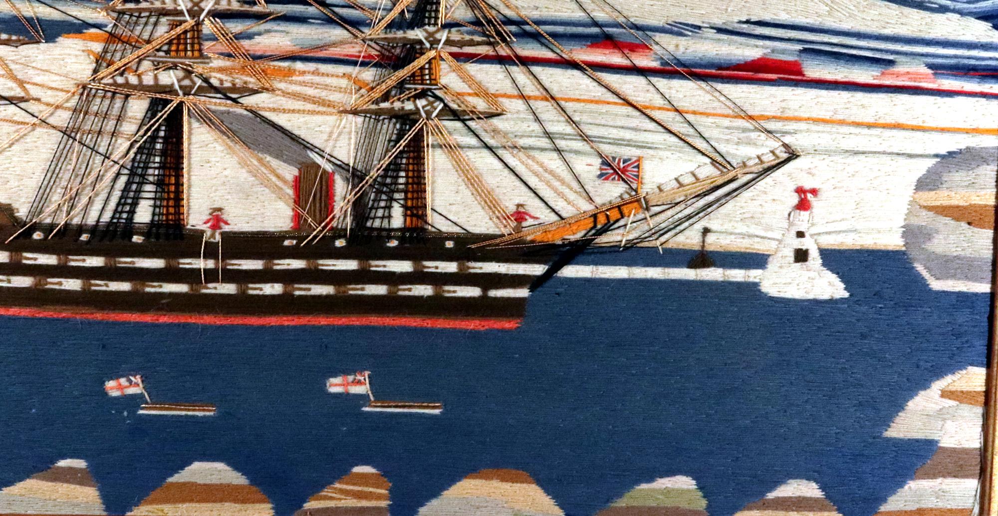 English Large Sailor's Woolwork of Royal Navy Second Rate Ship in Bay For Sale