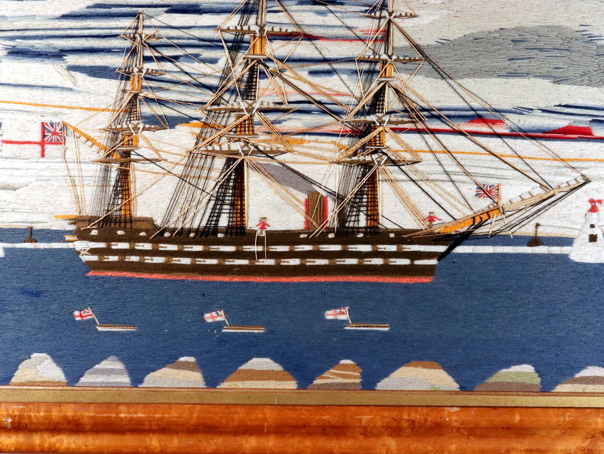 XIXe siècle Grand lainage de marin représentant un navire de second rang de la Royal Navy dans la baie