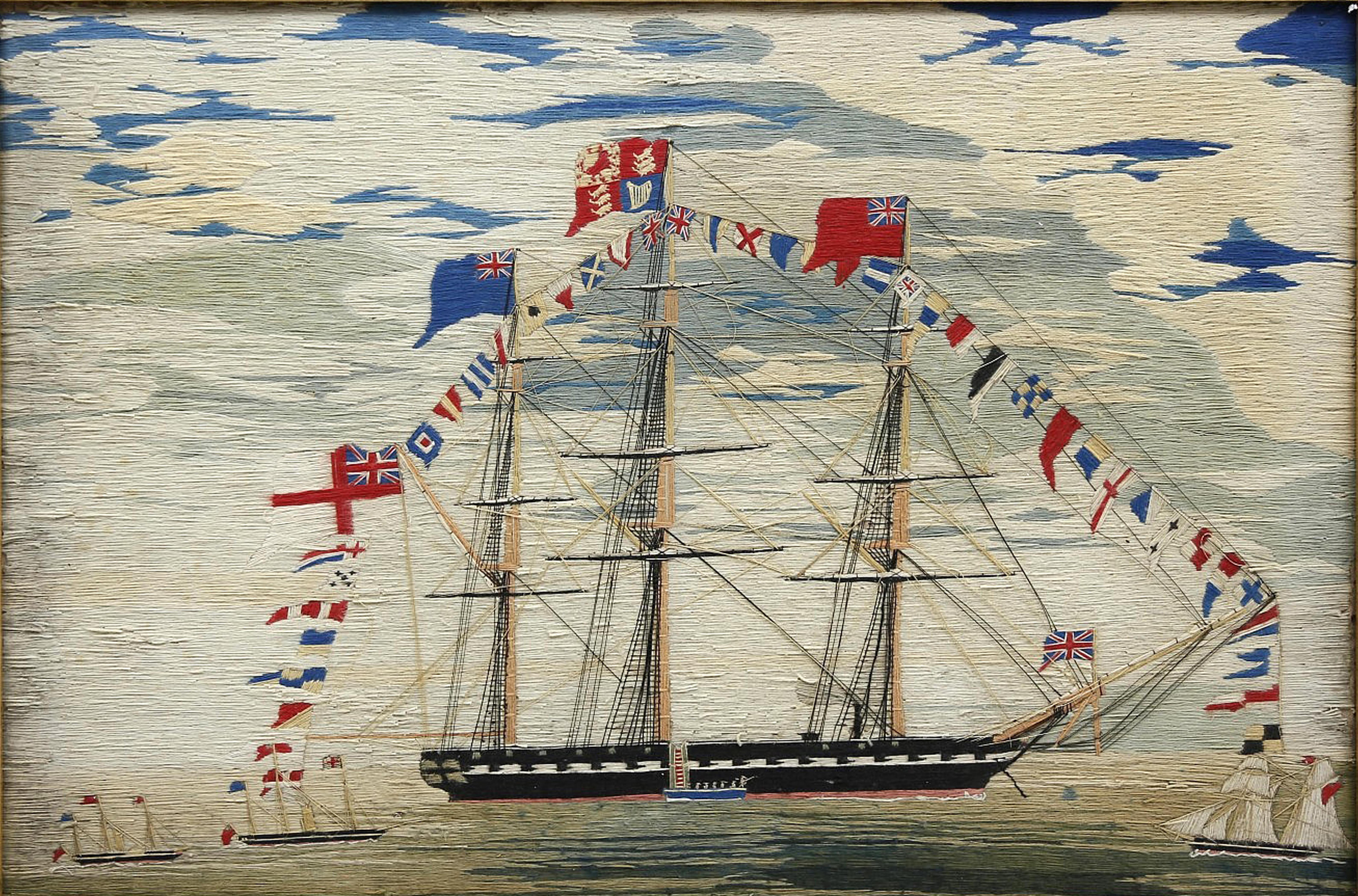 Large sailor's woolwork or woolie of a fully dressed Royal navy frigate,
circa 1865-1875. 


The sailor's woolwork is particularly large. It depicts a Royal Navy Frigate at anchor, fully dressed, and flying the Royal Standard which means that a