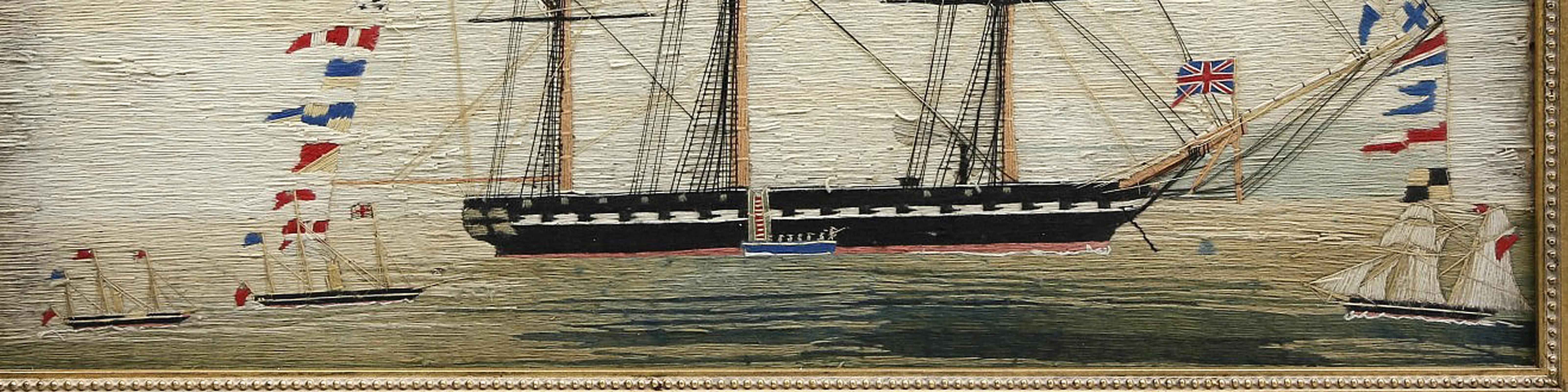 Folk Art Large Sailor's Woolwork or Woolie of a Fully Dressed Royal Navy Frigate