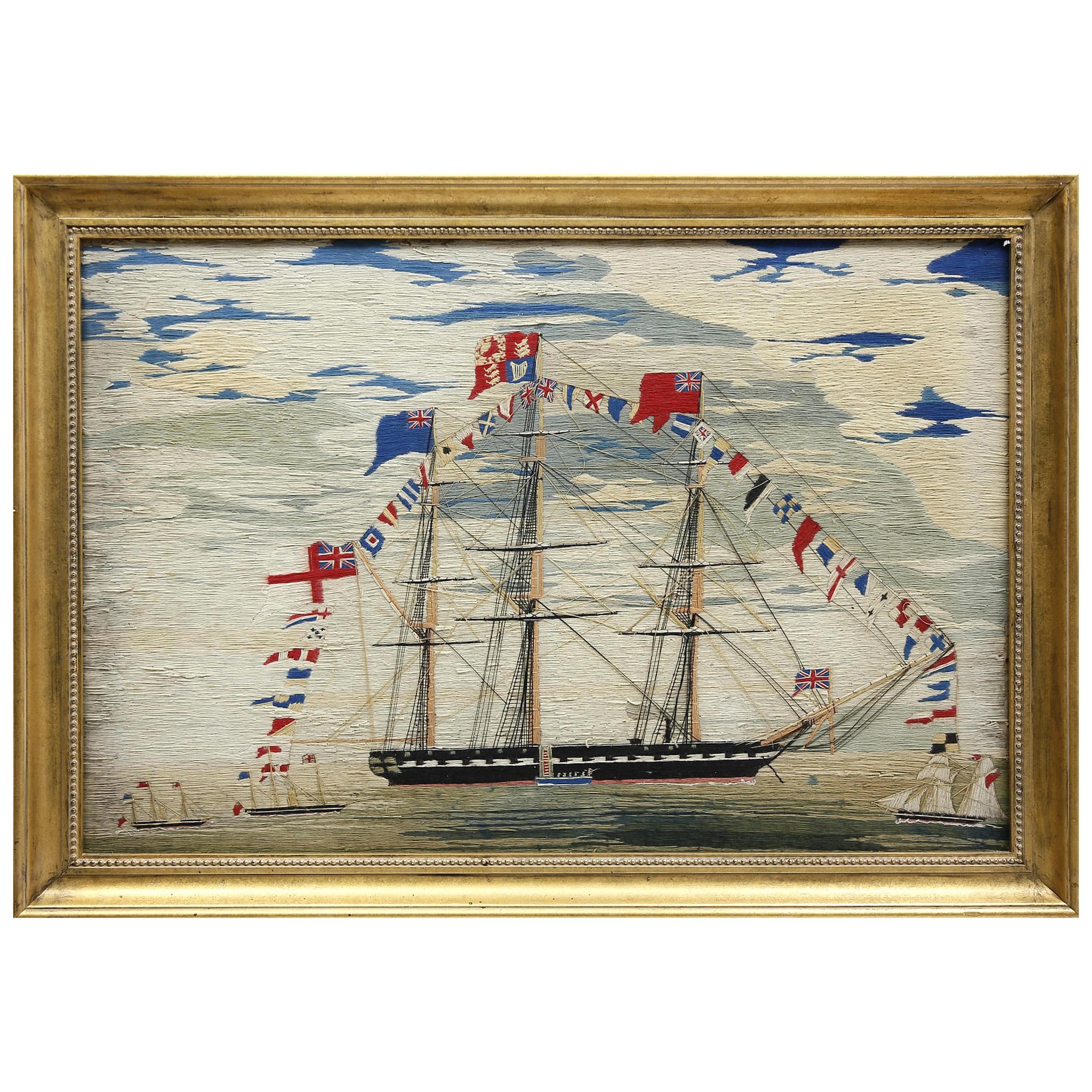 Large Sailor's Woolwork or Woolie of a Fully Dressed Royal Navy Frigate