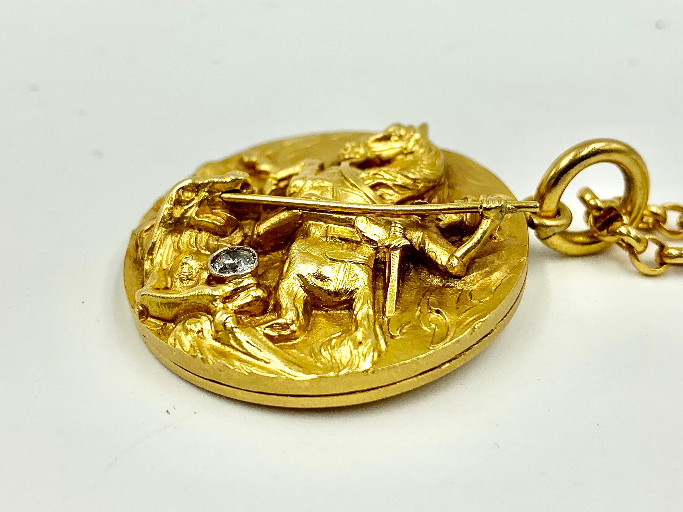 Modernist Large Saint George and the Dragon 18K Gold, Diamond High Relief Locket on Chain