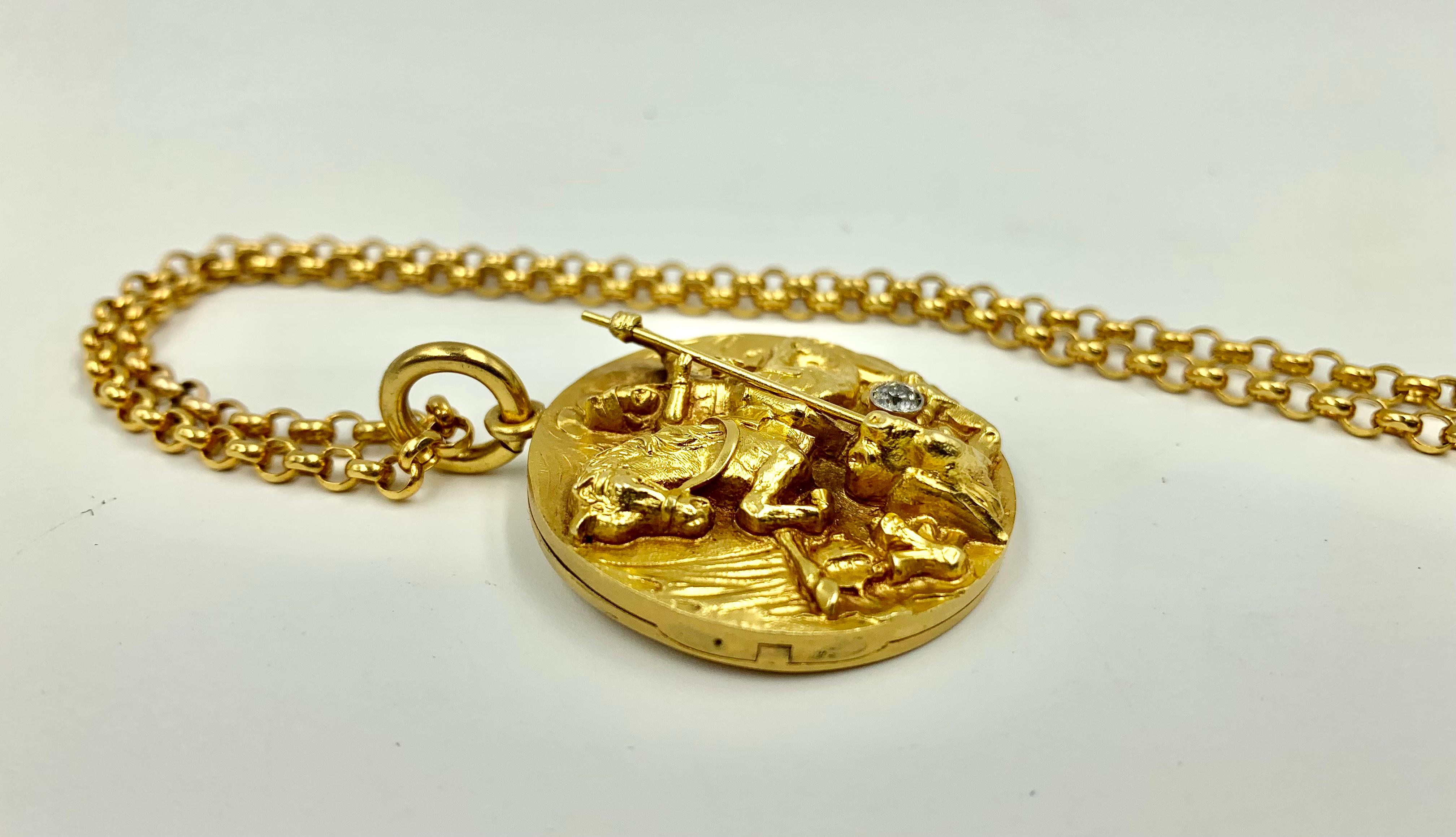 Old Mine Cut Large Saint George and the Dragon 18K Gold, Diamond High Relief Locket on Chain