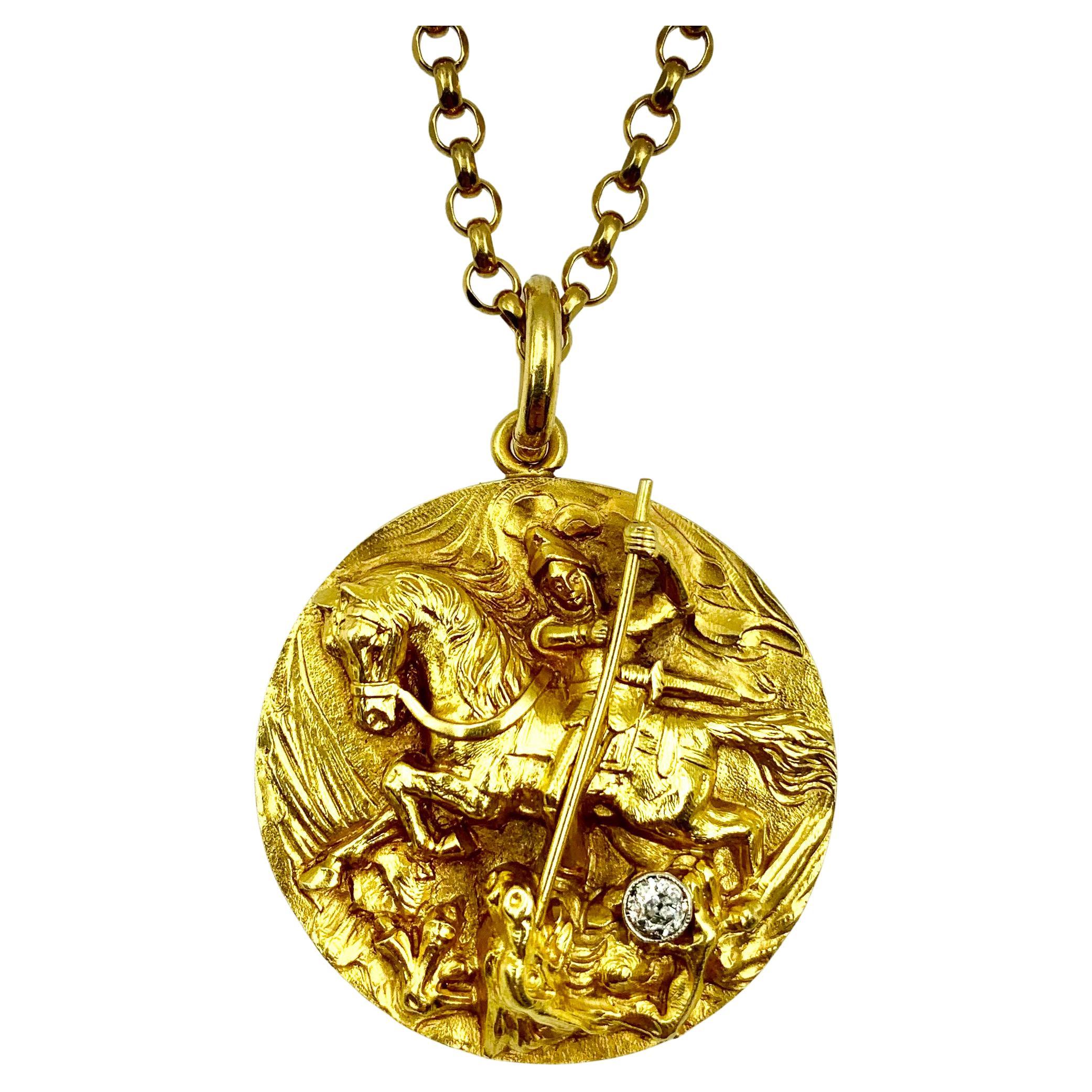 Large Saint George and the Dragon 18K Gold, Diamond High Relief Locket on Chain