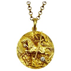 Large Saint George and the Dragon 18K Gold, Diamond High Relief Locket on Chain