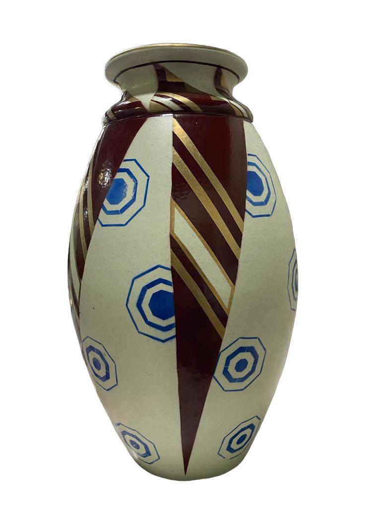 Earthenware Large Saint Ghislain Art Deco faience geometric Vase. For Sale