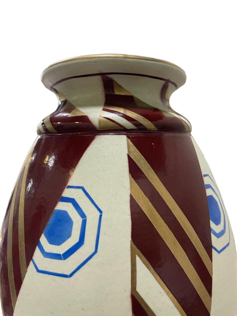 Large Saint Ghislain Art Deco faience geometric Vase. For Sale 2