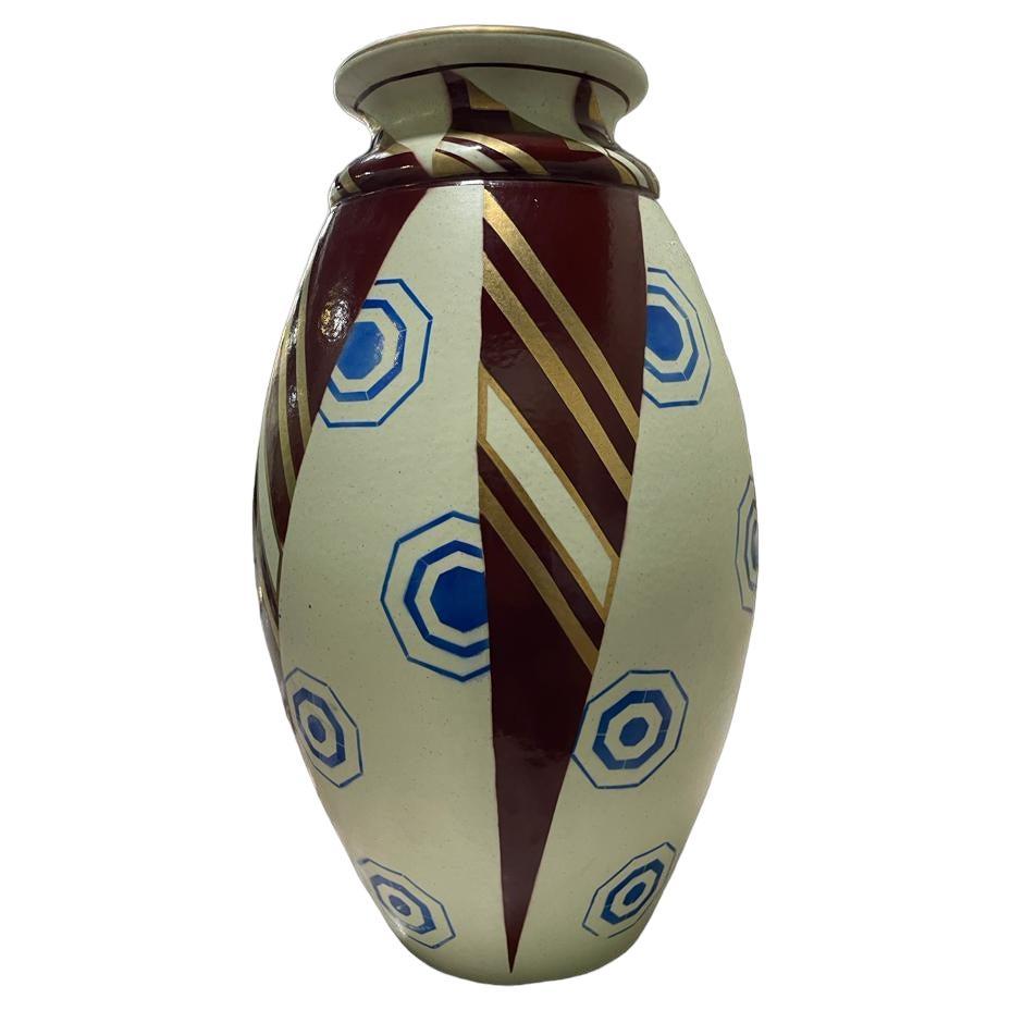 Large Saint Ghislain Art Deco faience geometric Vase. For Sale