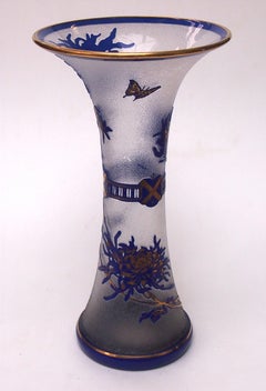 Large Saint Louis Crystal Blue and Clear Cameo vase -Butterfly & Flowers c1910