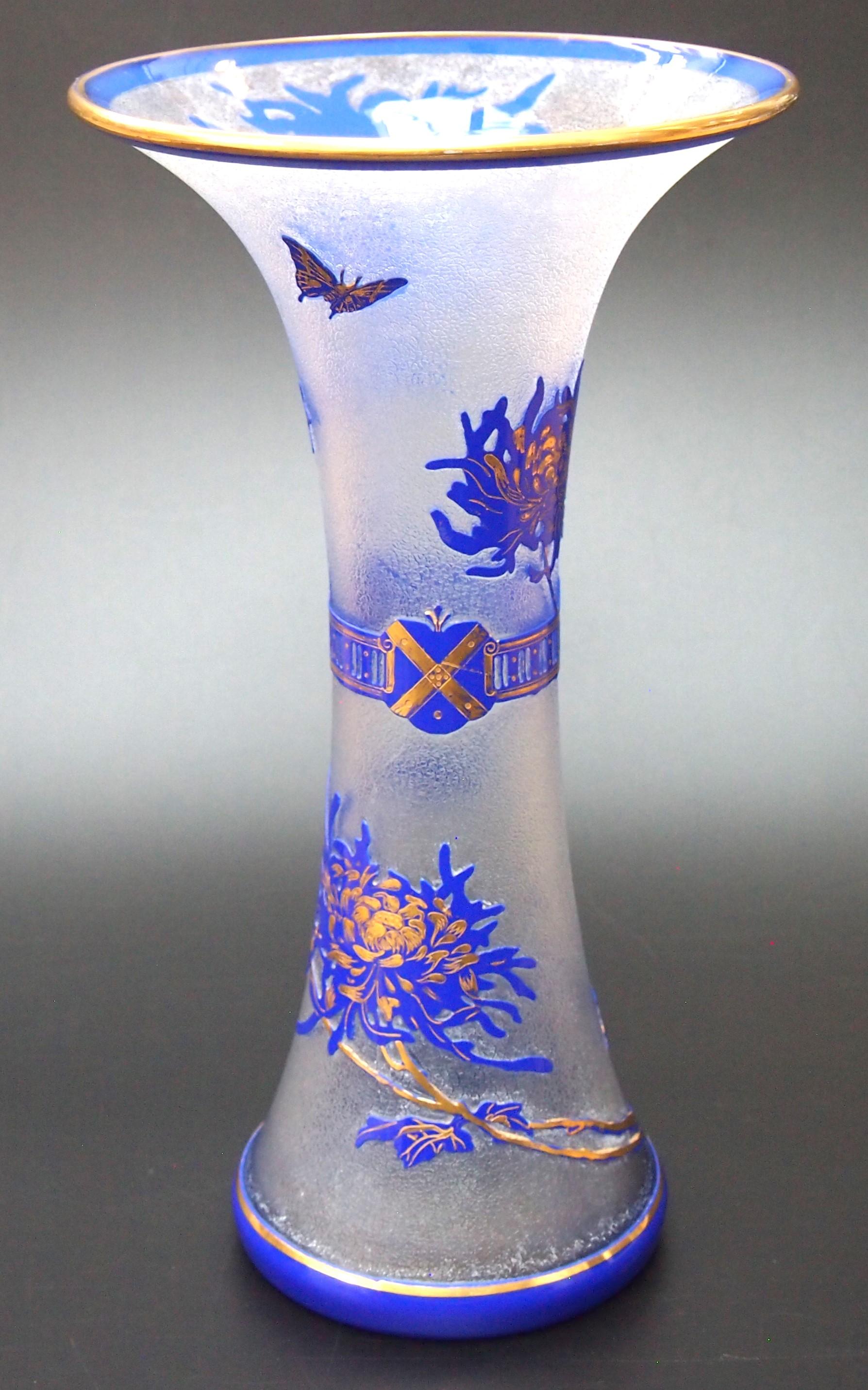 Large Saint Louis Crystal Blue and Clear Cameo vase -Butterfly & Flowers c1910 For Sale 3