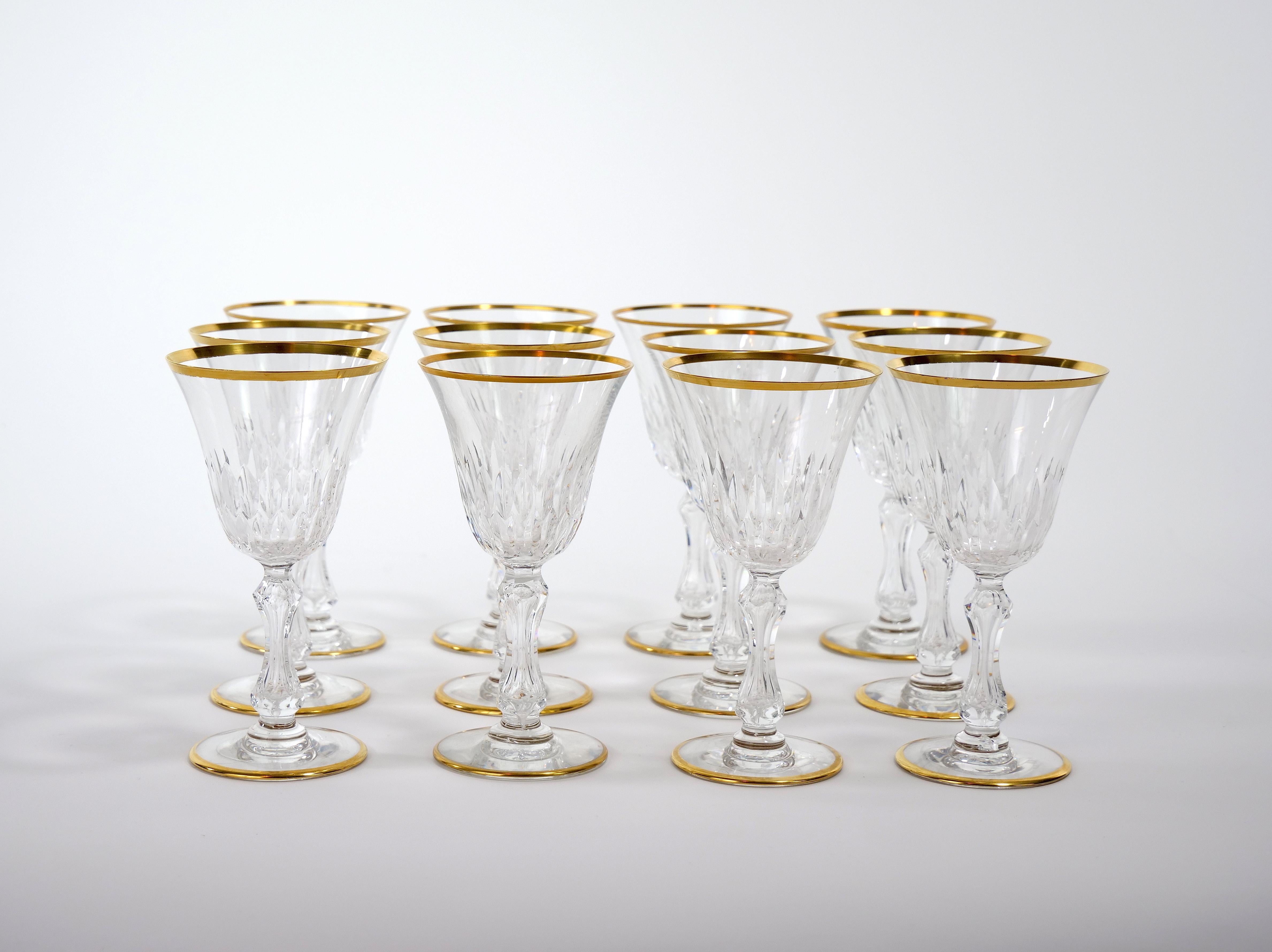 French Large Saint Louis Crystal Gold Trim Wine / Water Service / 12 People For Sale