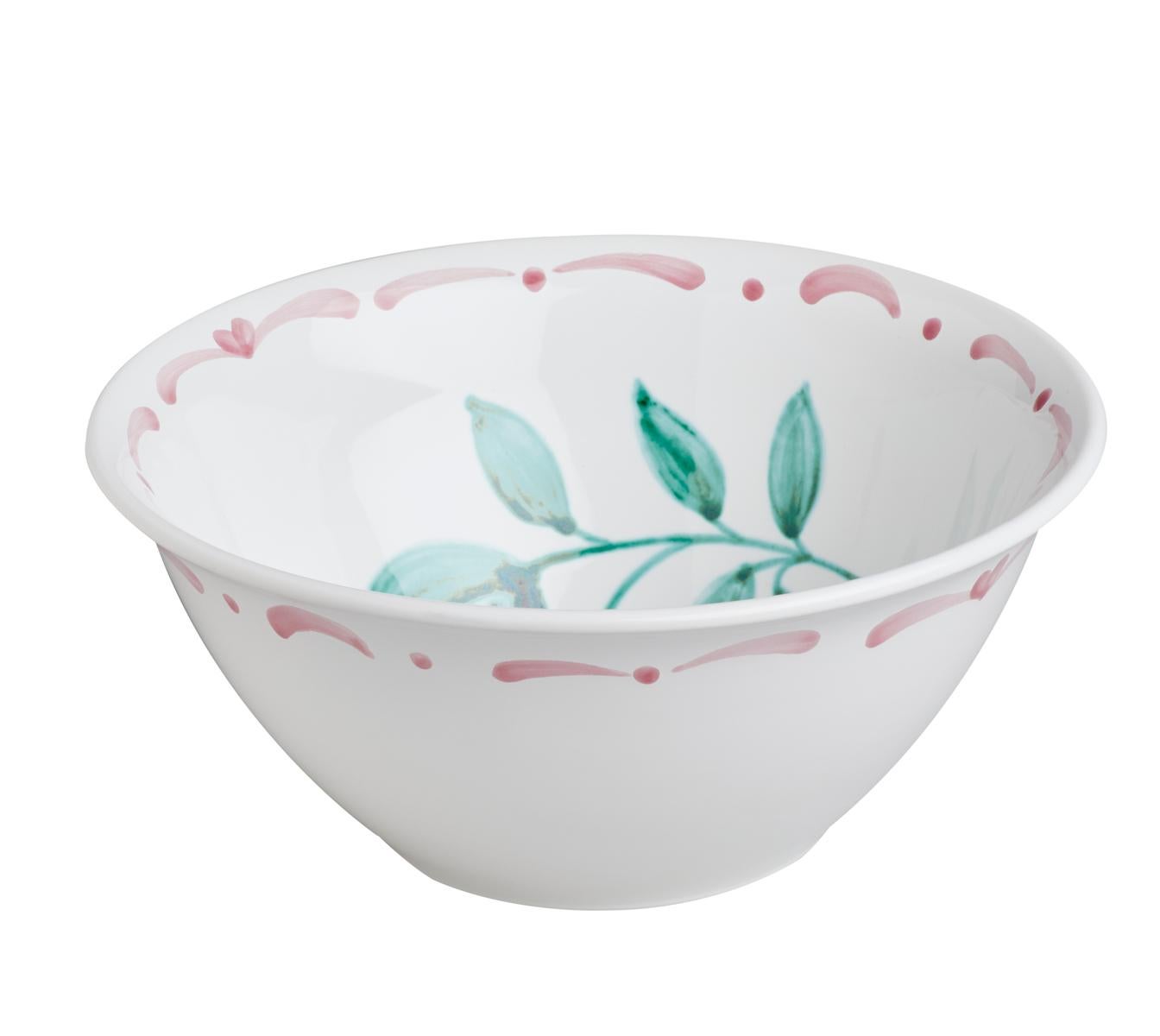 Large hands-free painted ceramic bowl. Decorated with a handpainted green pomegranate decor in the center with butterflies and a hands-free painted garlande in pink inside and outside. The garlande can be ordered in different colors. Produced in