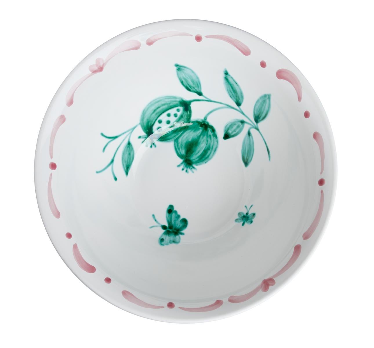 Country Style large hands-free painted ceramic bowl. Decorated with a handpainted green pomegranate decor in the center with butterflies and a hands-free painted garlande in pink inside and outside. The garlande can be ordered in different colors.