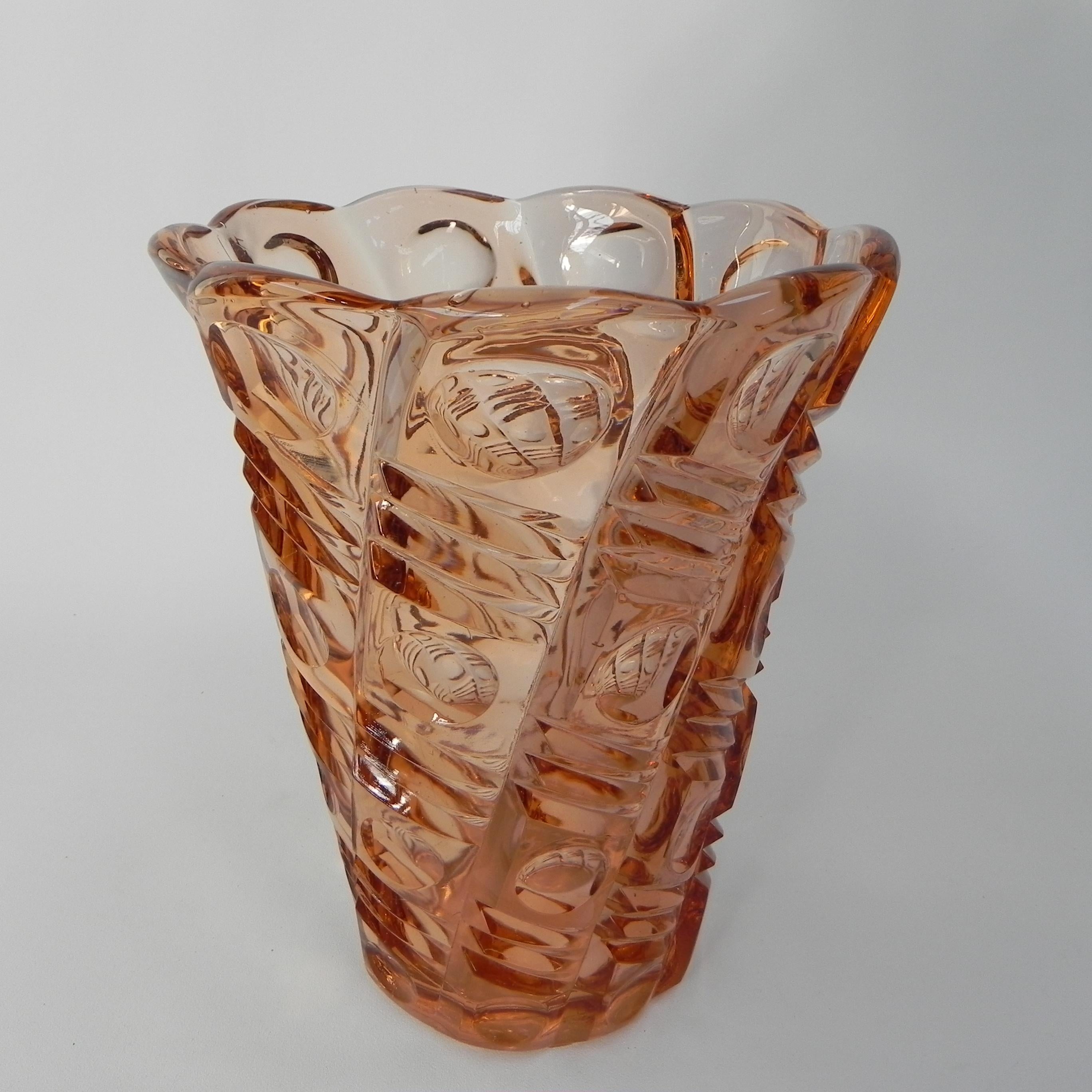 Glass Large salmon colored Art Deco vase For Sale