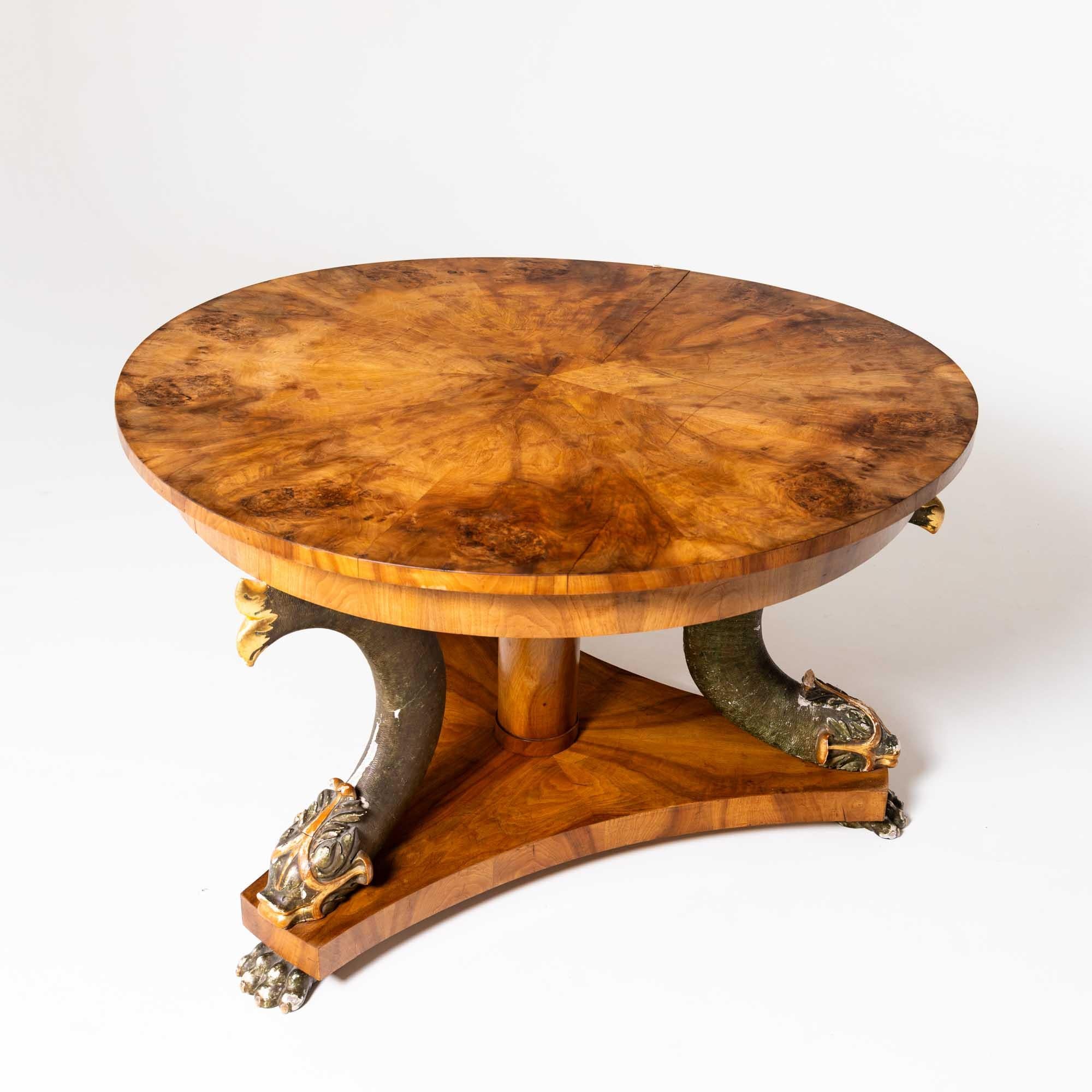 Carved Large Salon Table with Walnut Veneer and carved Dolphins, Germany circa 1820
