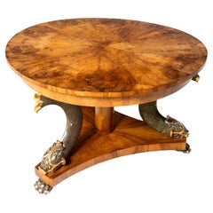 Large Salon Table with Walnut Veneer and carved Dolphins, Germany circa 1820