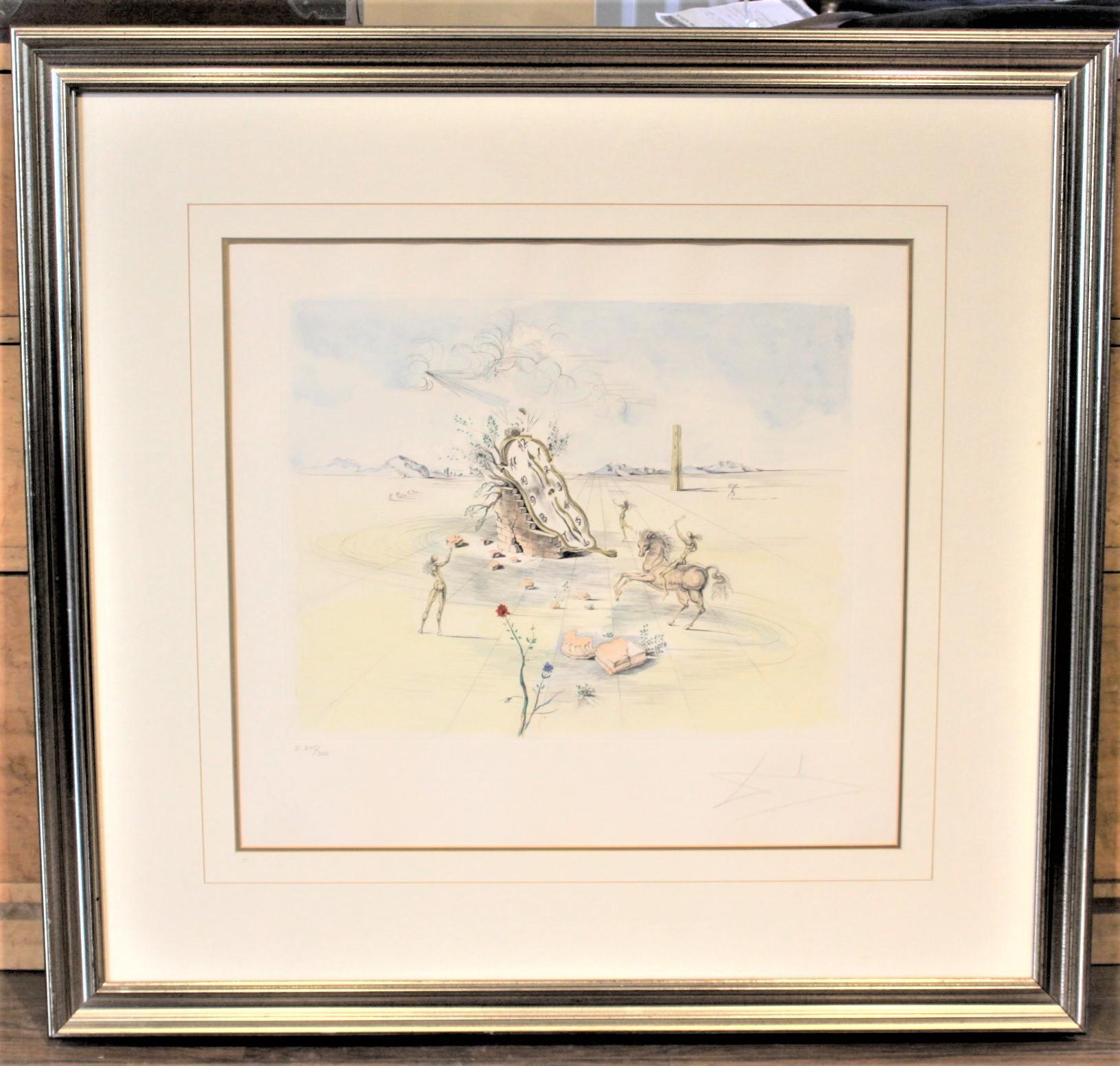 This large framed hand colored etching was done and pencil signed by Salvador Dali in his signature surrealistic style. The etching is a limited edition of 300 and is numbered 105 of this series. The etching is pencil signed by Dali in the lower