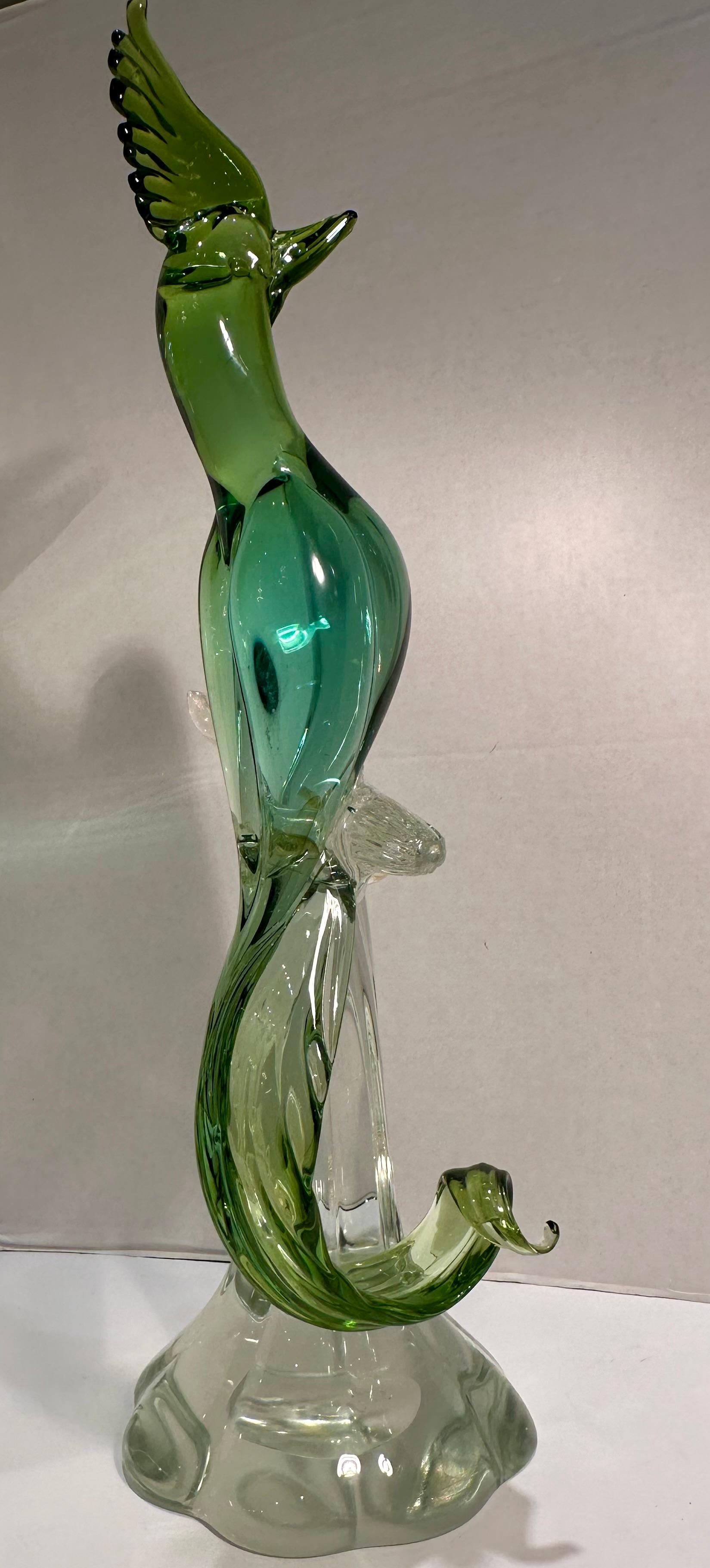  Large Salviati Italy Murano Glass Exotic Bird Figurine in Shades of Green  For Sale 6