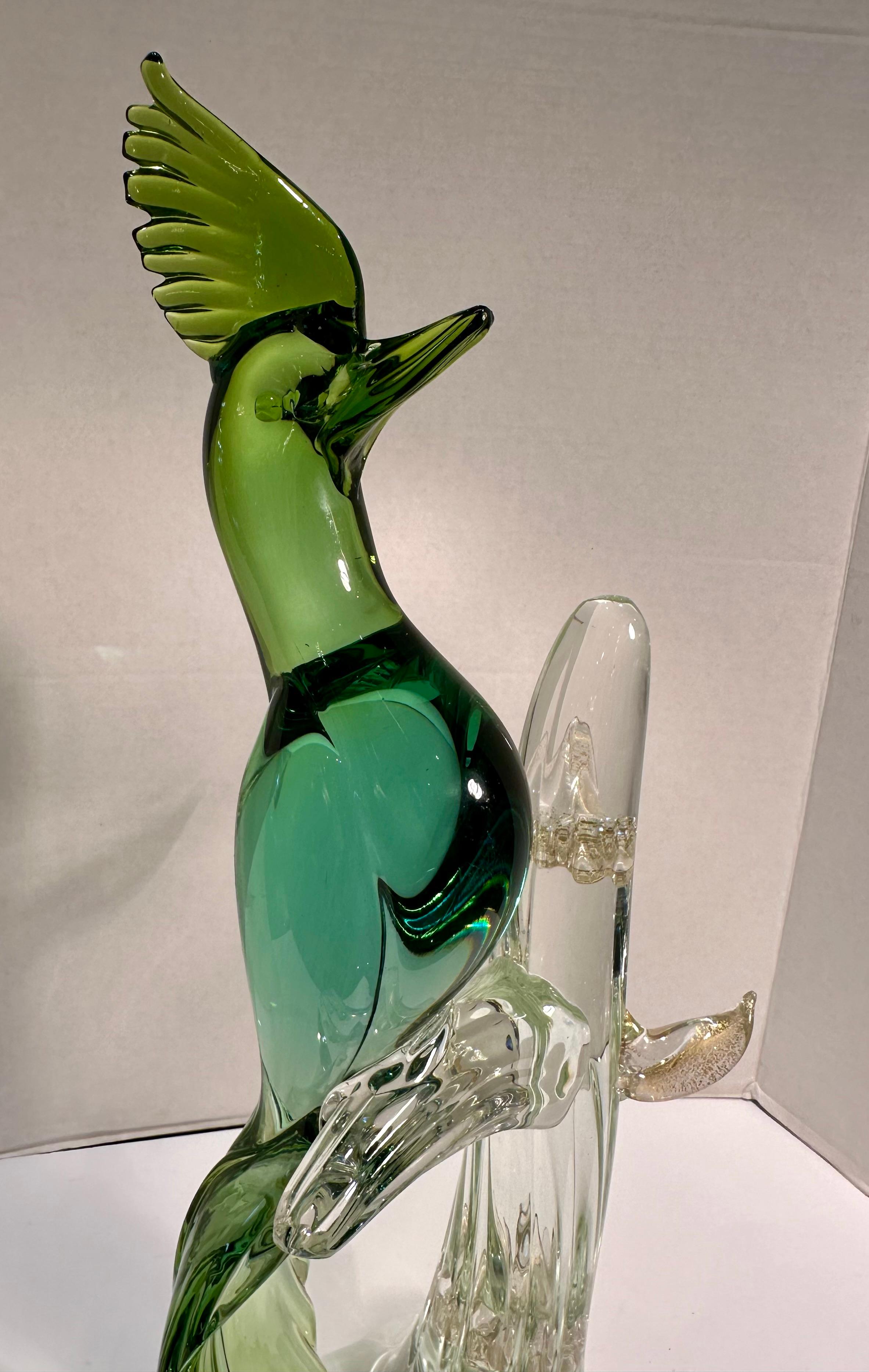  Large Salviati Italy Murano Glass Exotic Bird Figurine in Shades of Green  For Sale 11