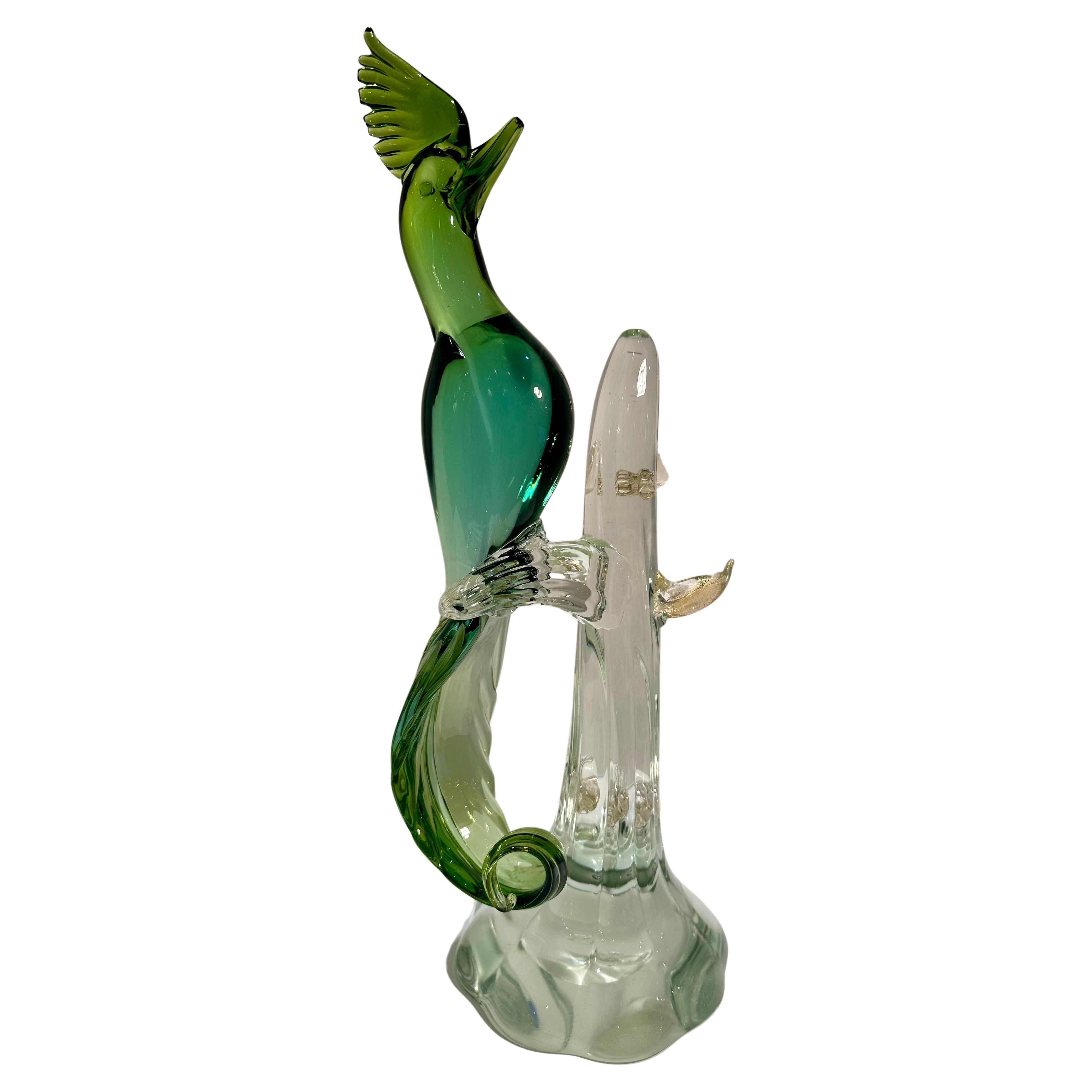 Other  Large Salviati Italy Murano Glass Exotic Bird Figurine in Shades of Green  For Sale