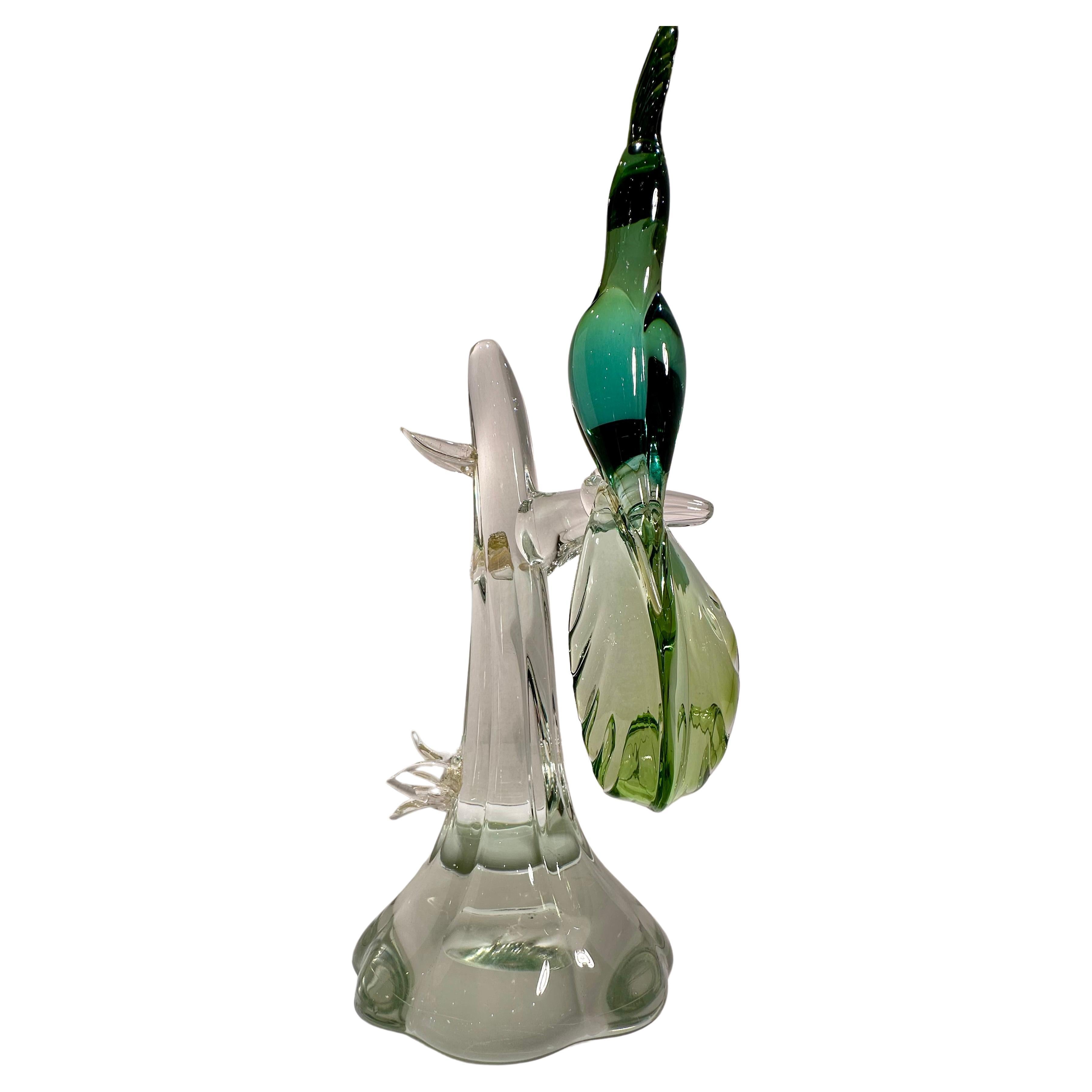 Italian  Large Salviati Italy Murano Glass Exotic Bird Figurine in Shades of Green  For Sale