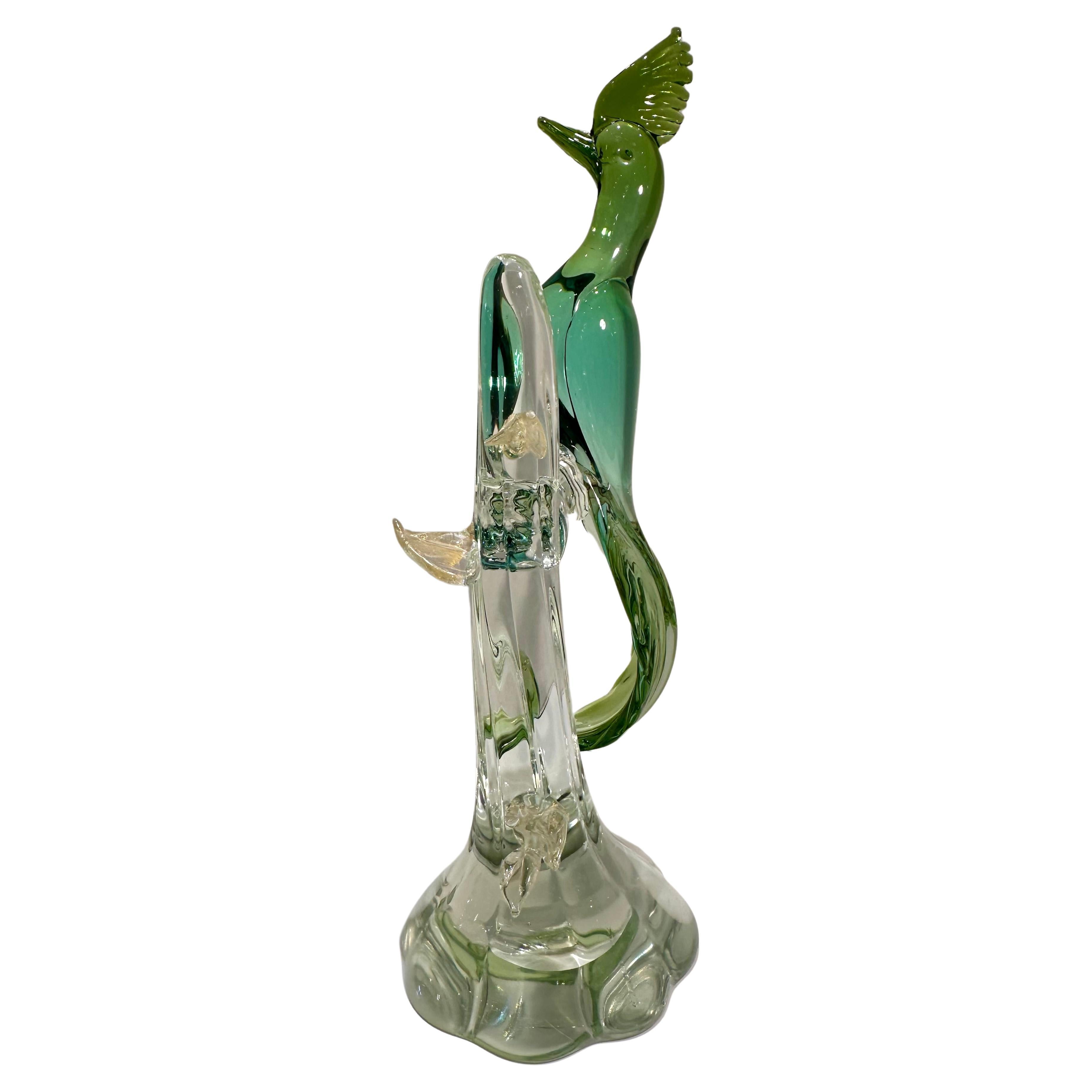 Hand-Crafted  Large Salviati Italy Murano Glass Exotic Bird Figurine in Shades of Green  For Sale