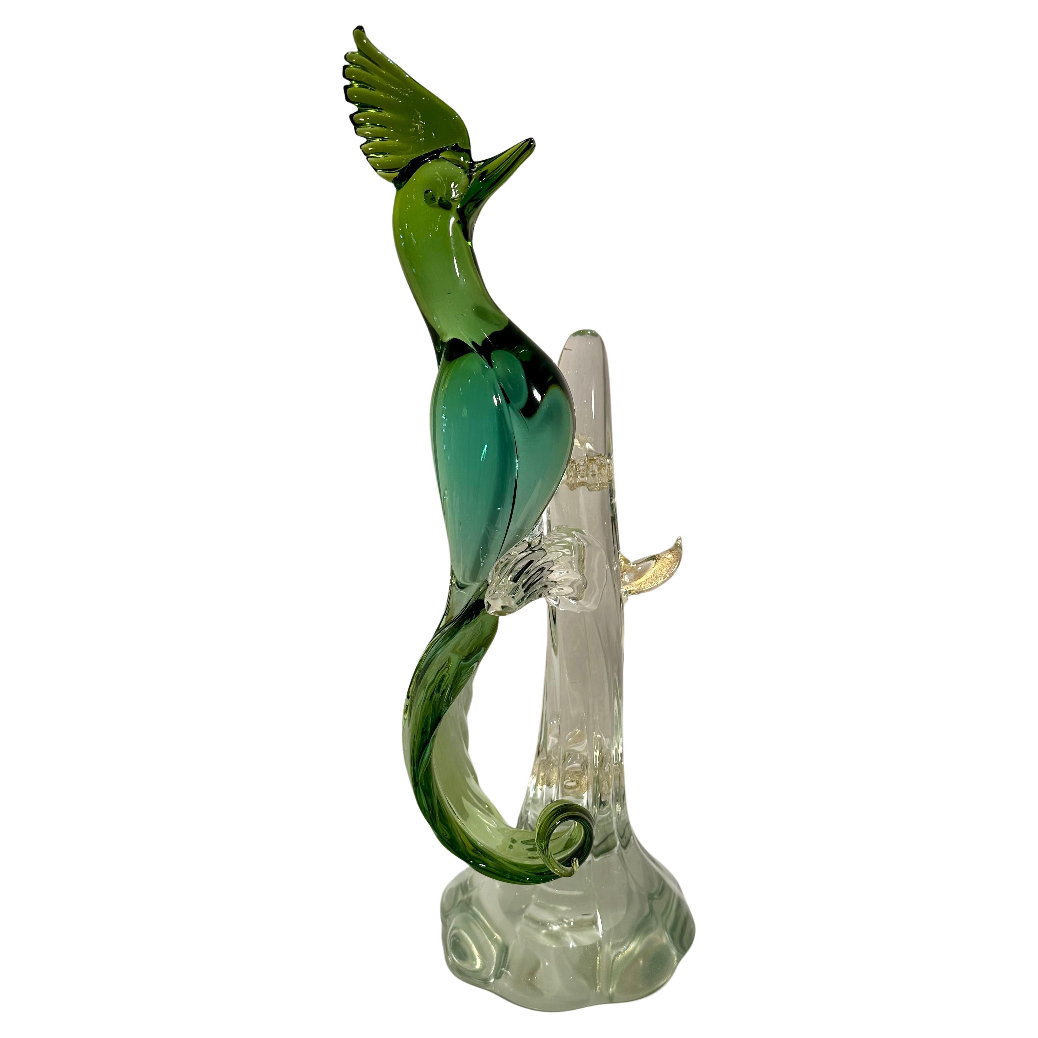  Large Salviati Italy Murano Glass Exotic Bird Figurine in Shades of Green 