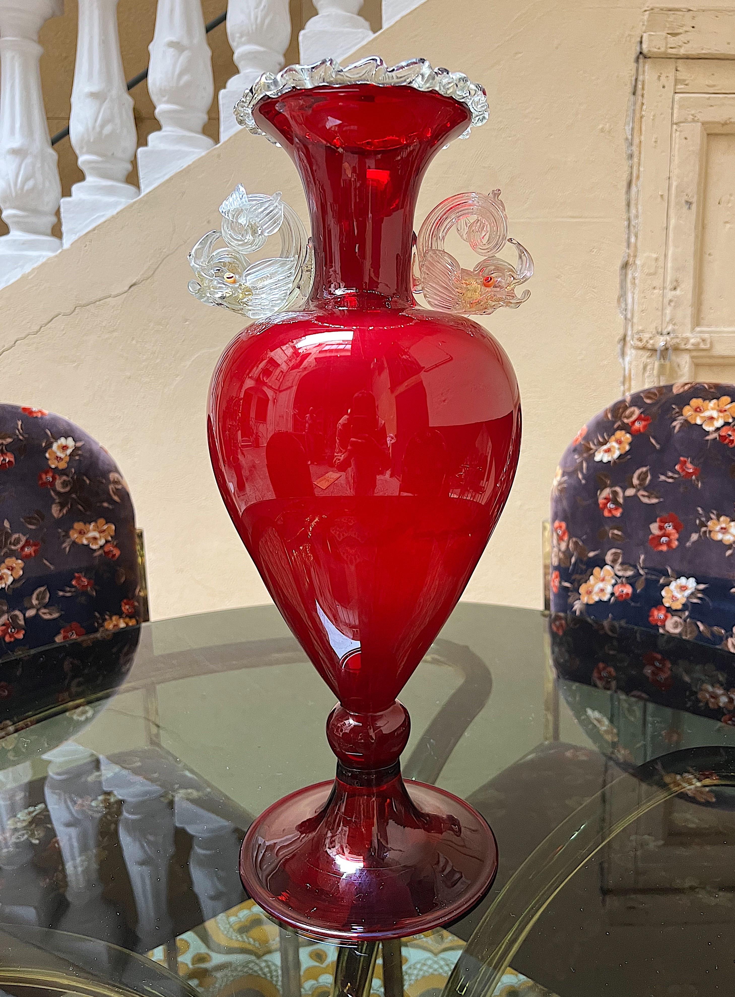 Italian Large Salviati Murano Venetian Hand Blown Red and Gold Fish Vase For Sale