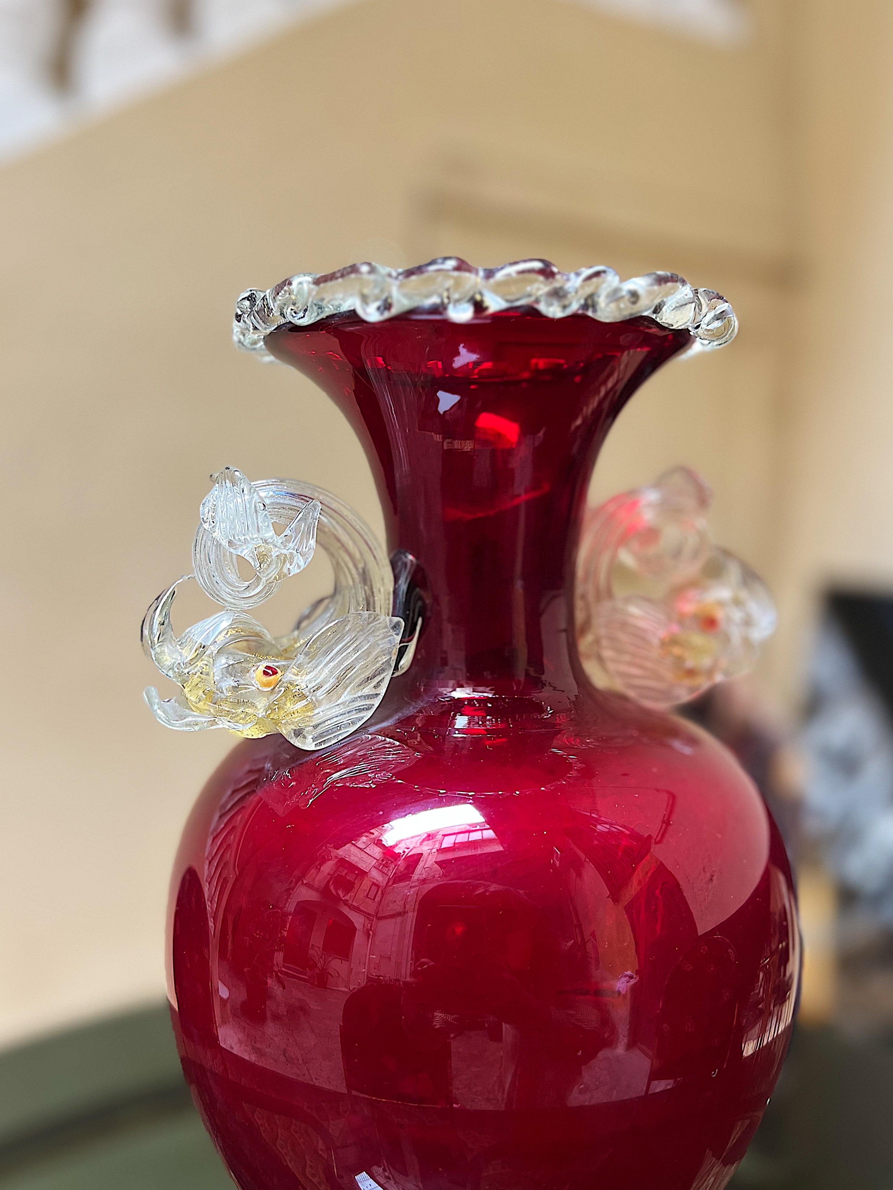 Italian Large Salviati Murano Venetian Hand Blown Red and Gold Fish Vase For Sale