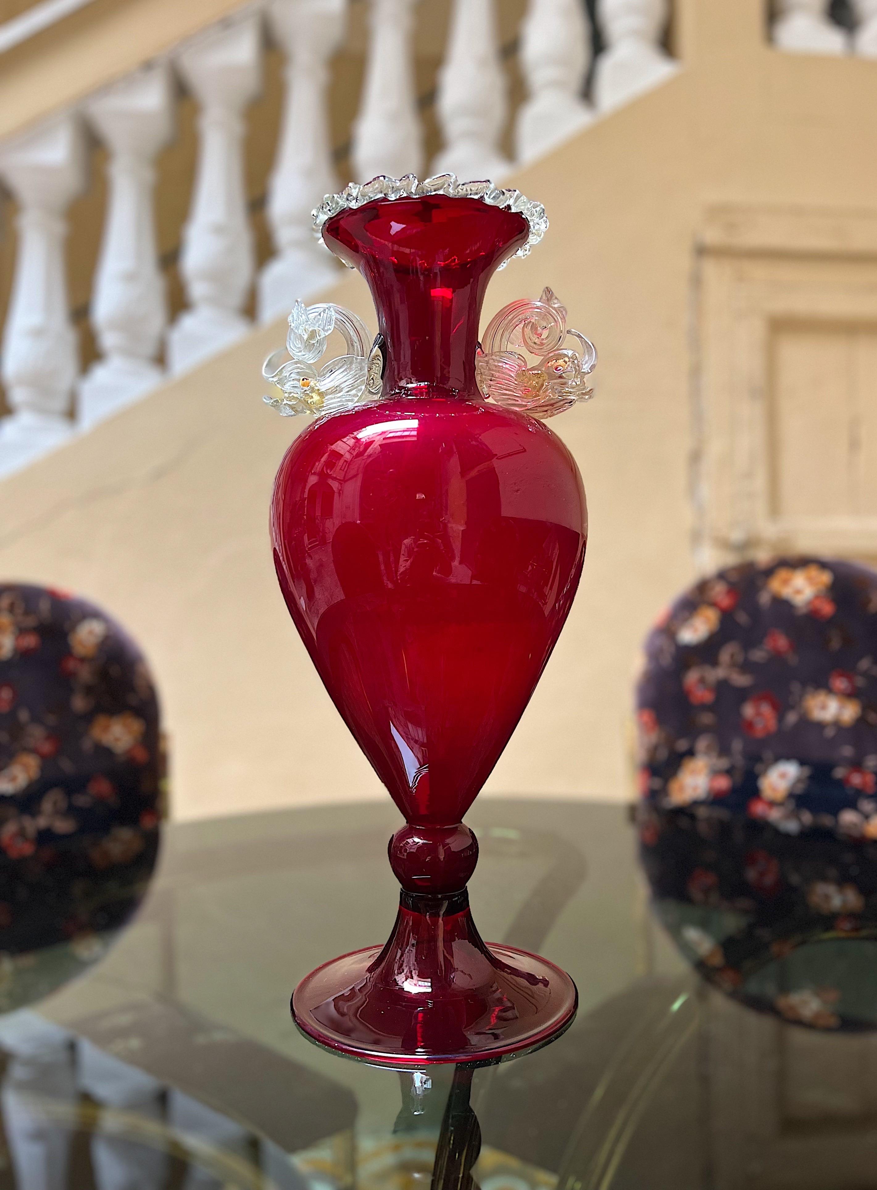 19th Century Large Salviati Murano Venetian Hand Blown Red and Gold Fish Vase For Sale
