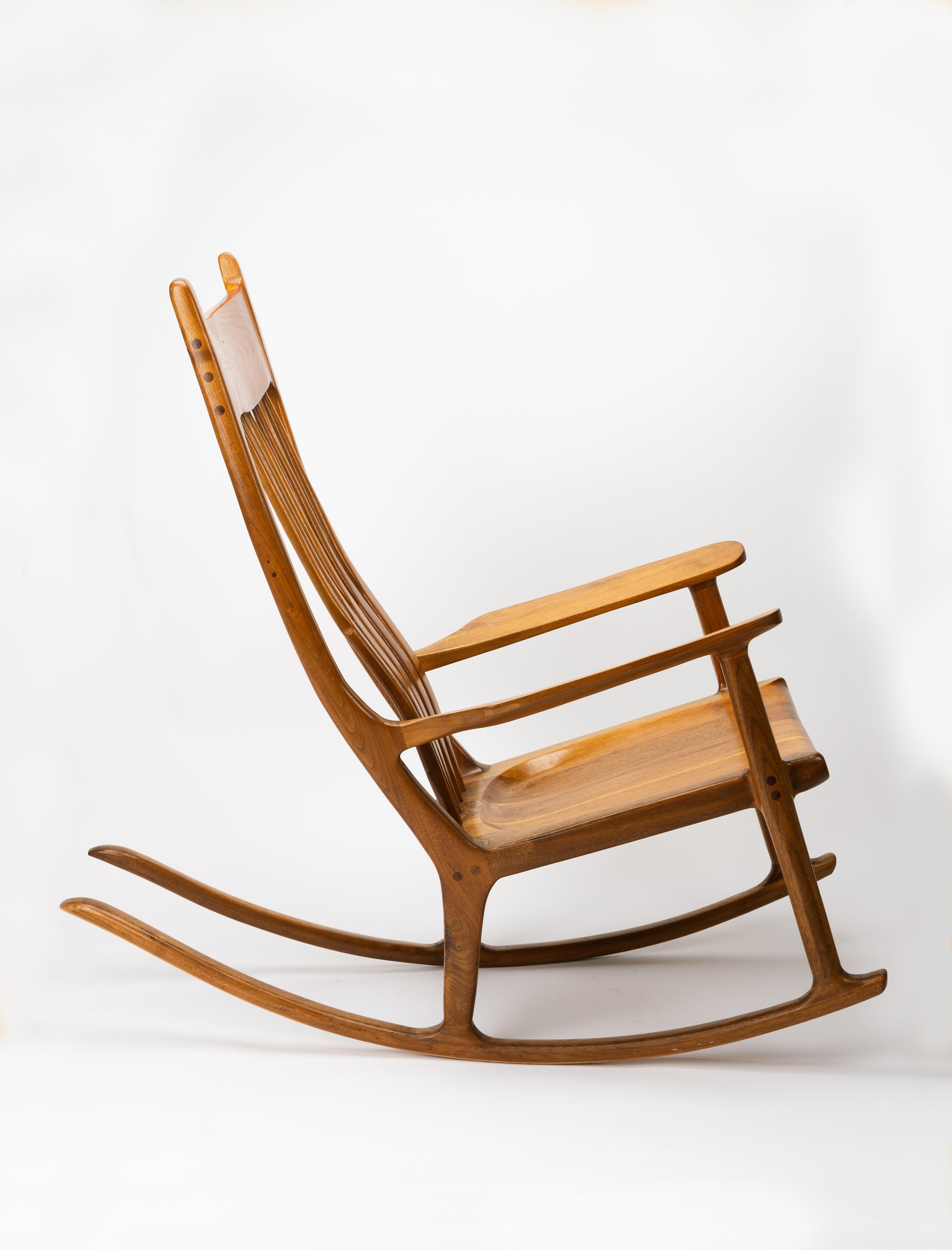 Large Sam Maloof Style Fruitwood Sculptural Rocking Chair In Good Condition For Sale In Fort Collins, CO