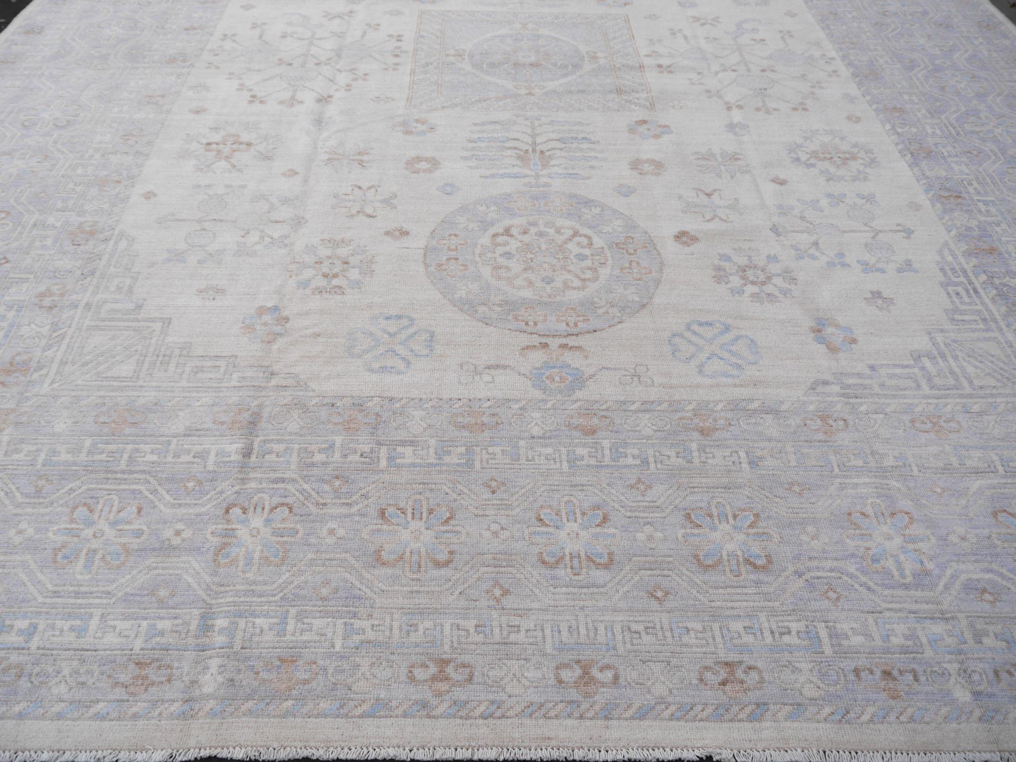 Large Samarkand Khotan Style Rug Hand Knotted Contemporary White Gray Oversized 10
