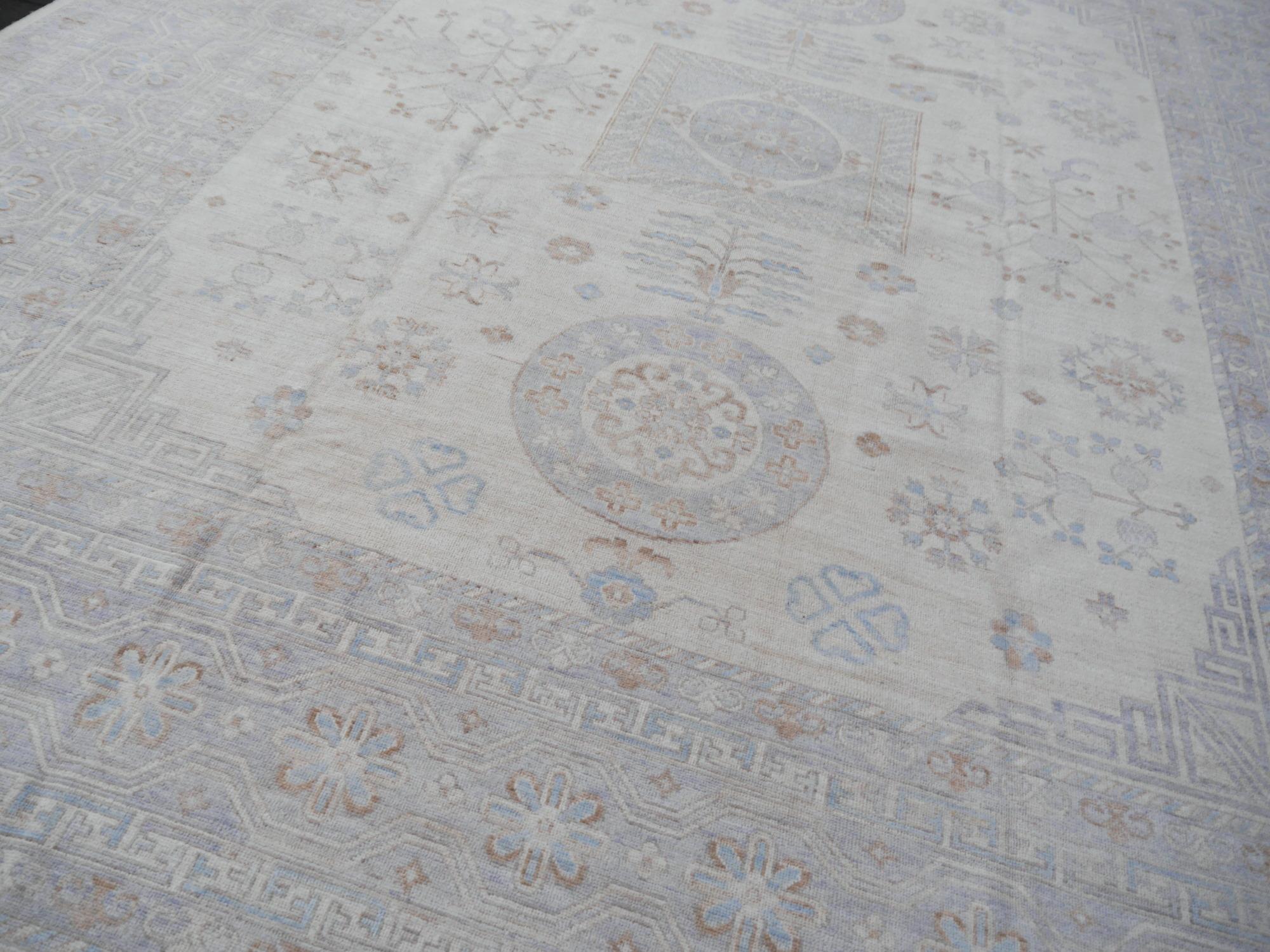 Afghan Large Samarkand Khotan Style Rug Hand Knotted Contemporary White Gray Oversized