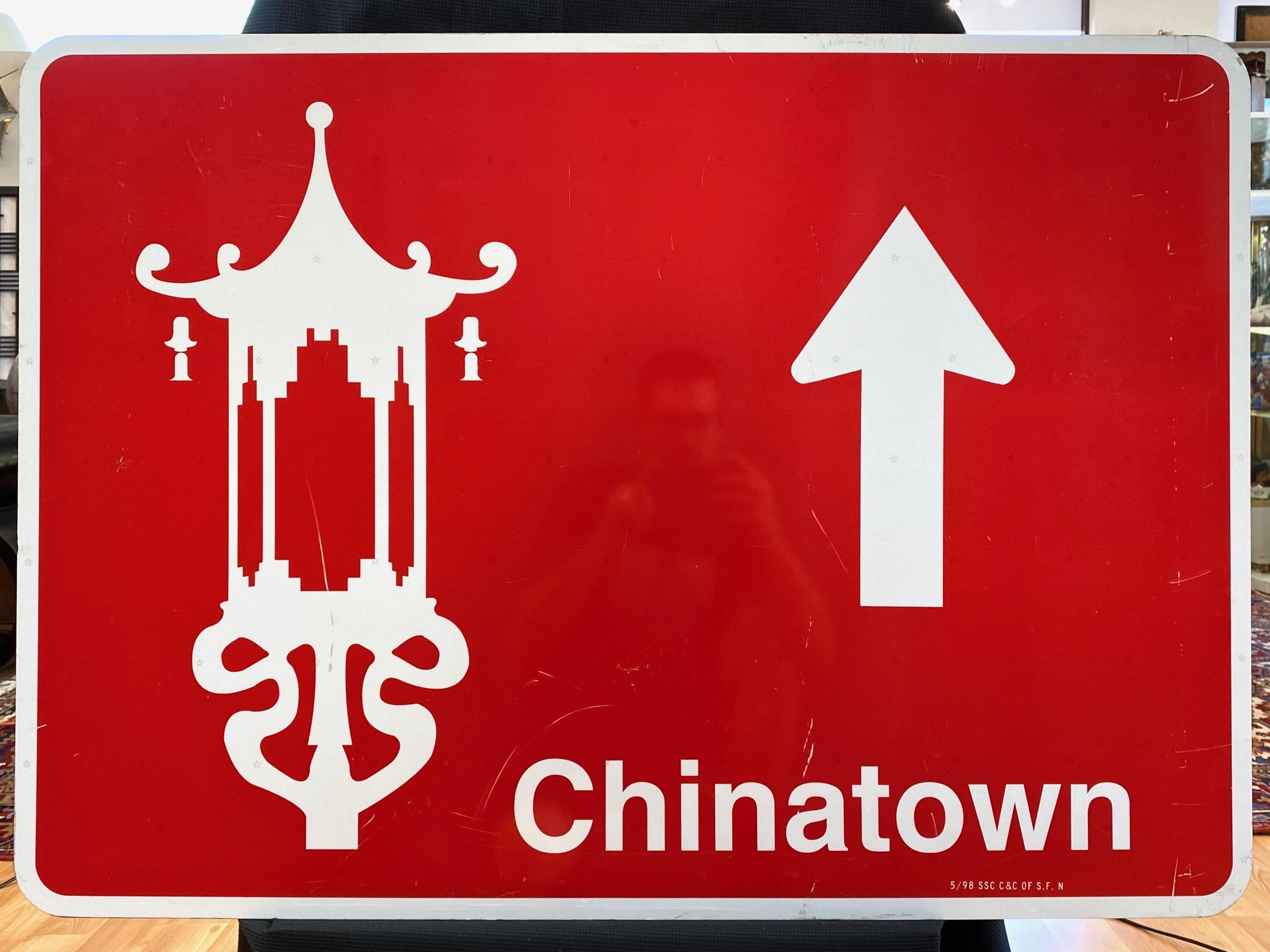 A large and very rarely available authentic San Francisco Chinatown neighborhood street sign made in 1998.

Iconic signage instantly recognizable to locals and visitors alike. Clean and impactful graphic design, with Chinese lantern silhouette,