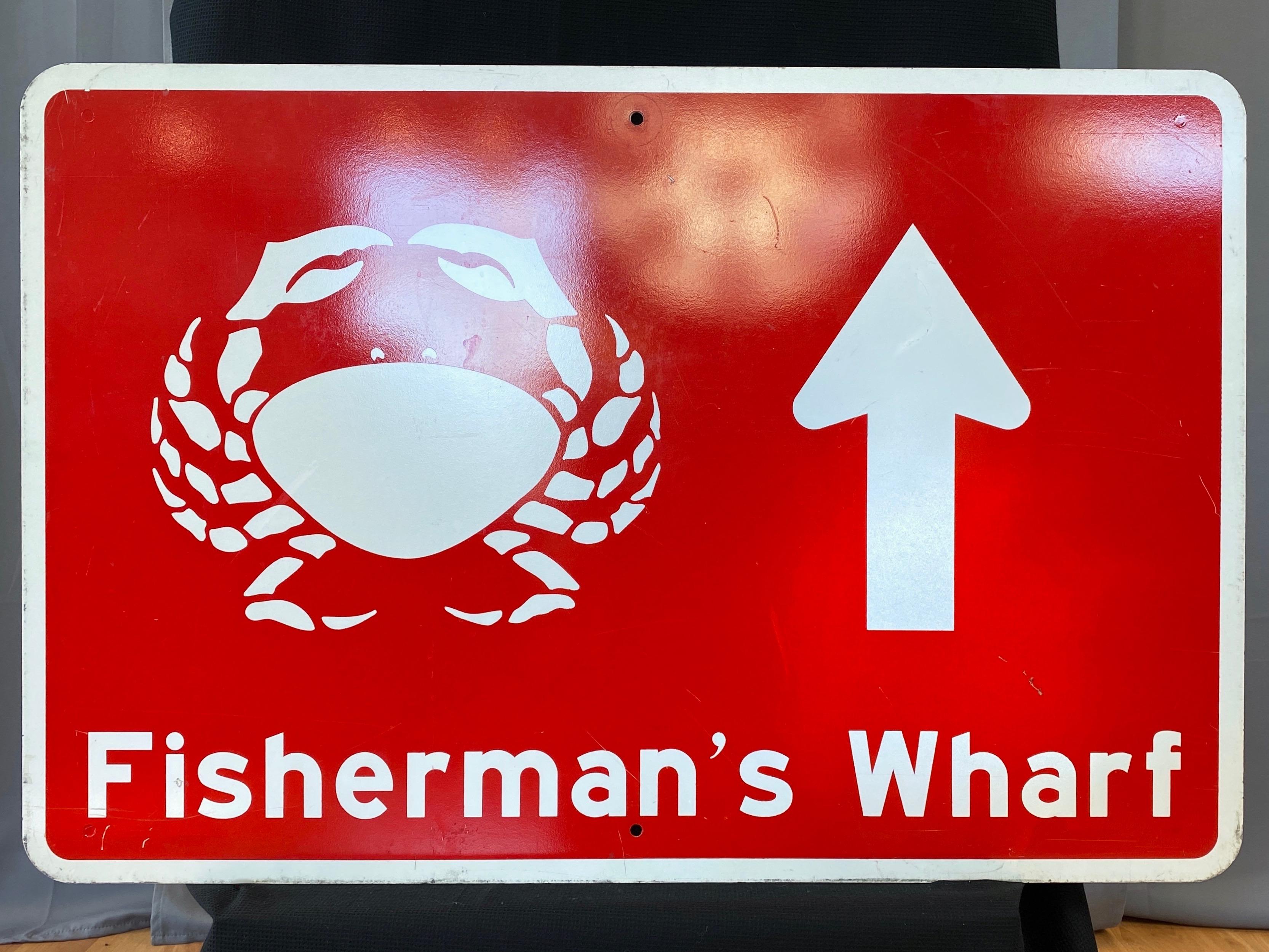 A large and very rarely available authentic San Francisco Fisherman’s Wharf neighborhood street sign made in 1992.

Iconic signage instantly recognizable to locals and visitors alike. Clean and impactful graphic design, with Dungeness crab